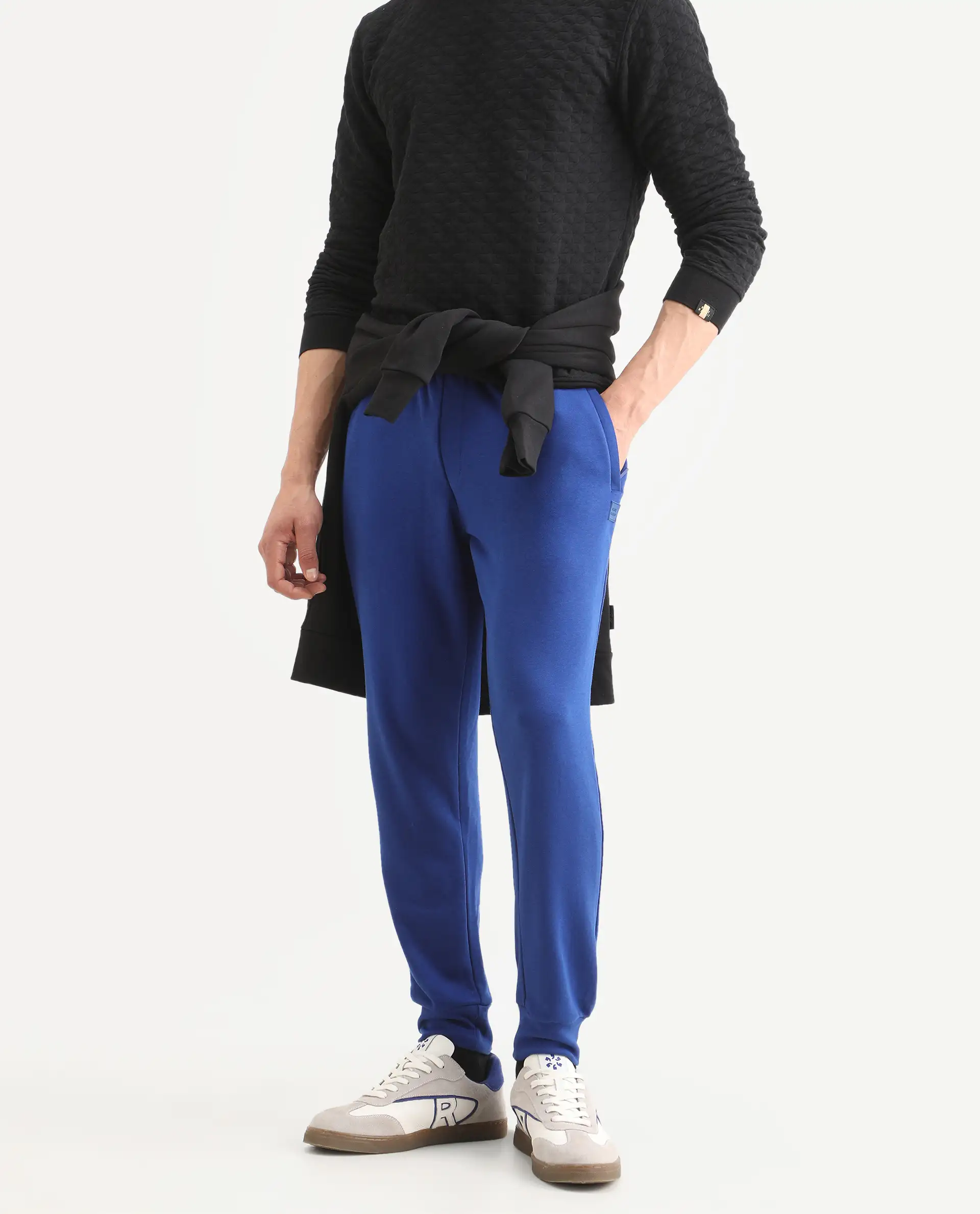 Rare Rabbit Men's Titan Blue Cotton Plain Regular Fit Joggers - Image 3