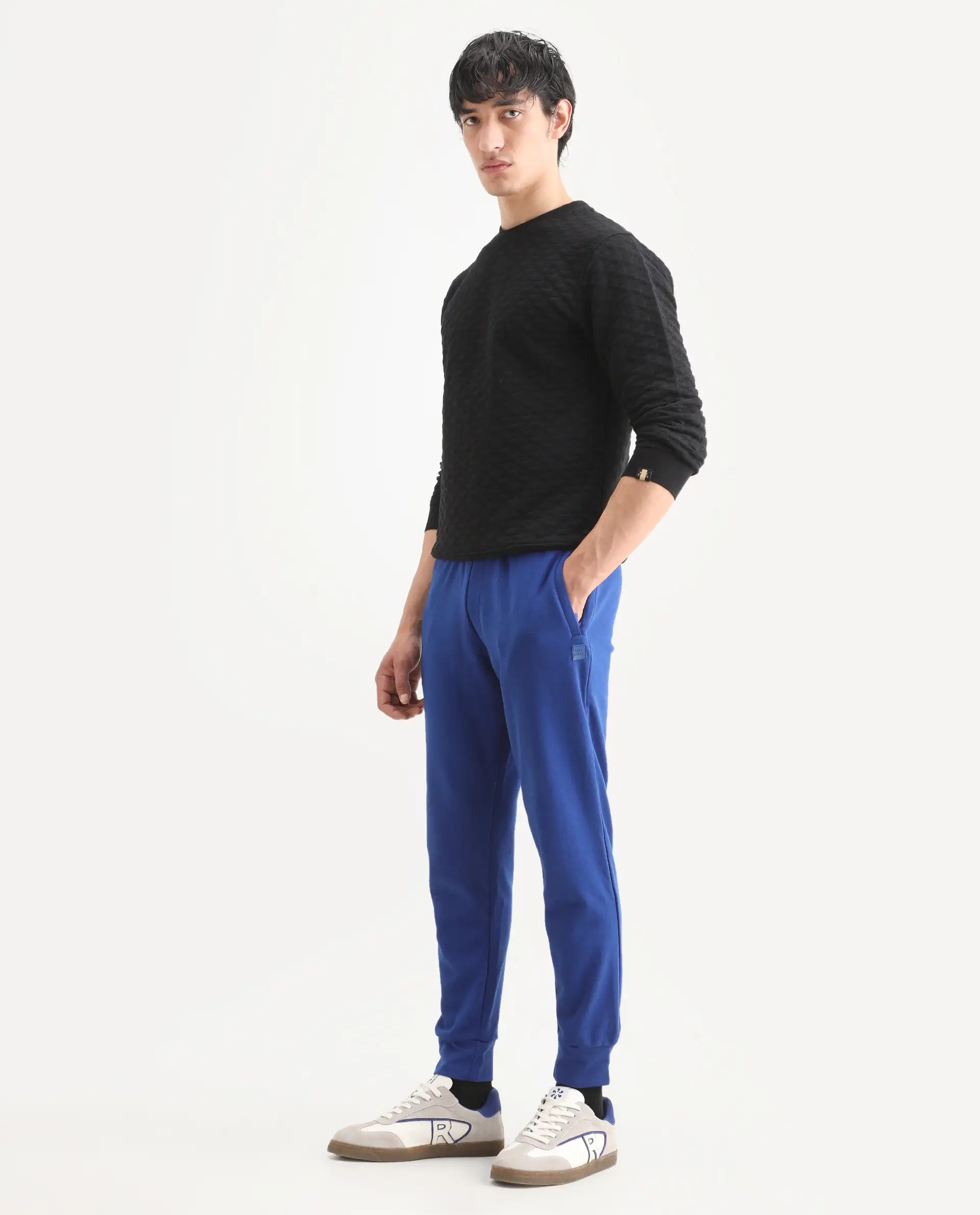 Rare Rabbit Men's Titan Blue Cotton Plain Regular Fit Joggers - Image 5