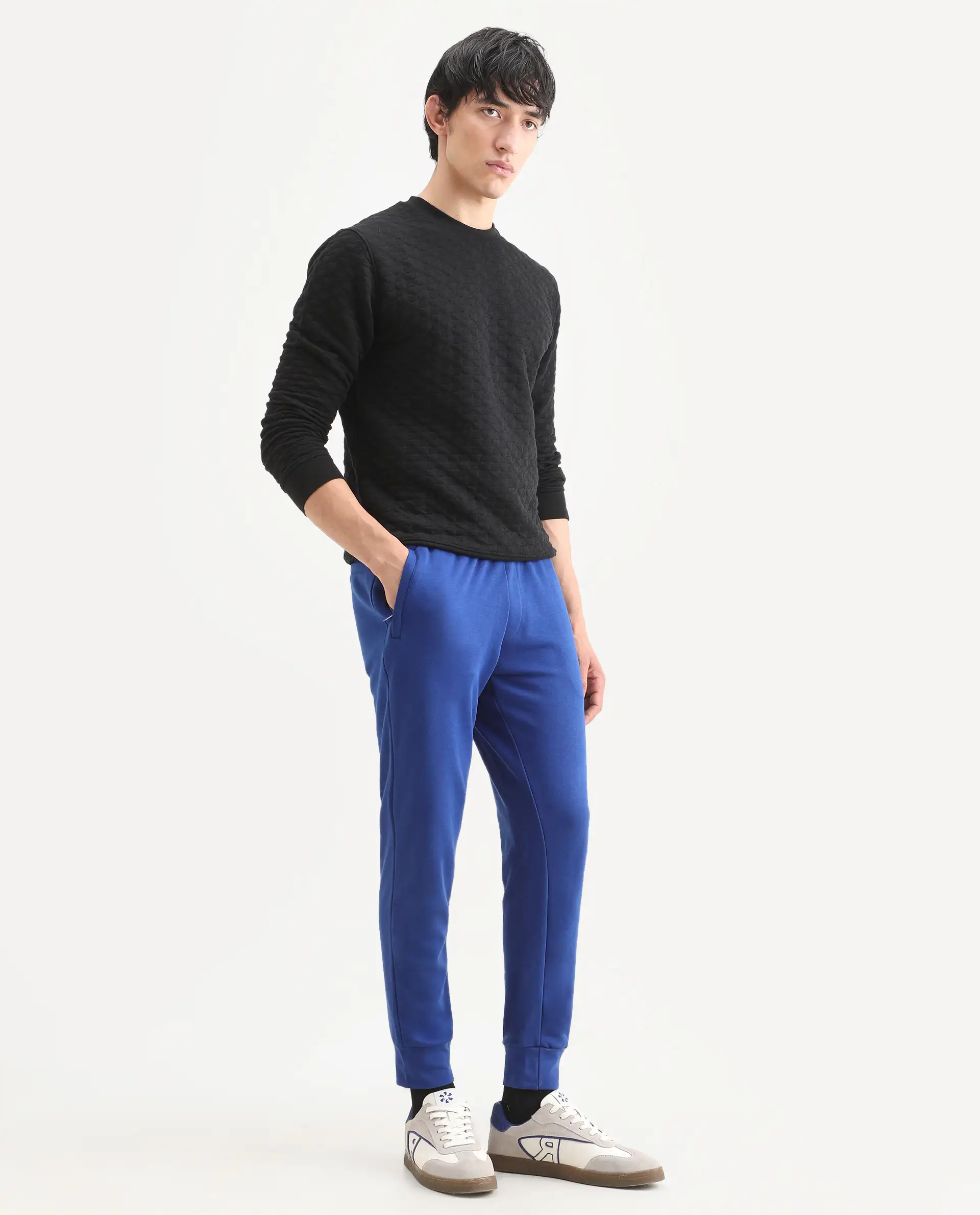 Rare Rabbit Men's Titan Blue Cotton Plain Regular Fit Joggers - Image 6