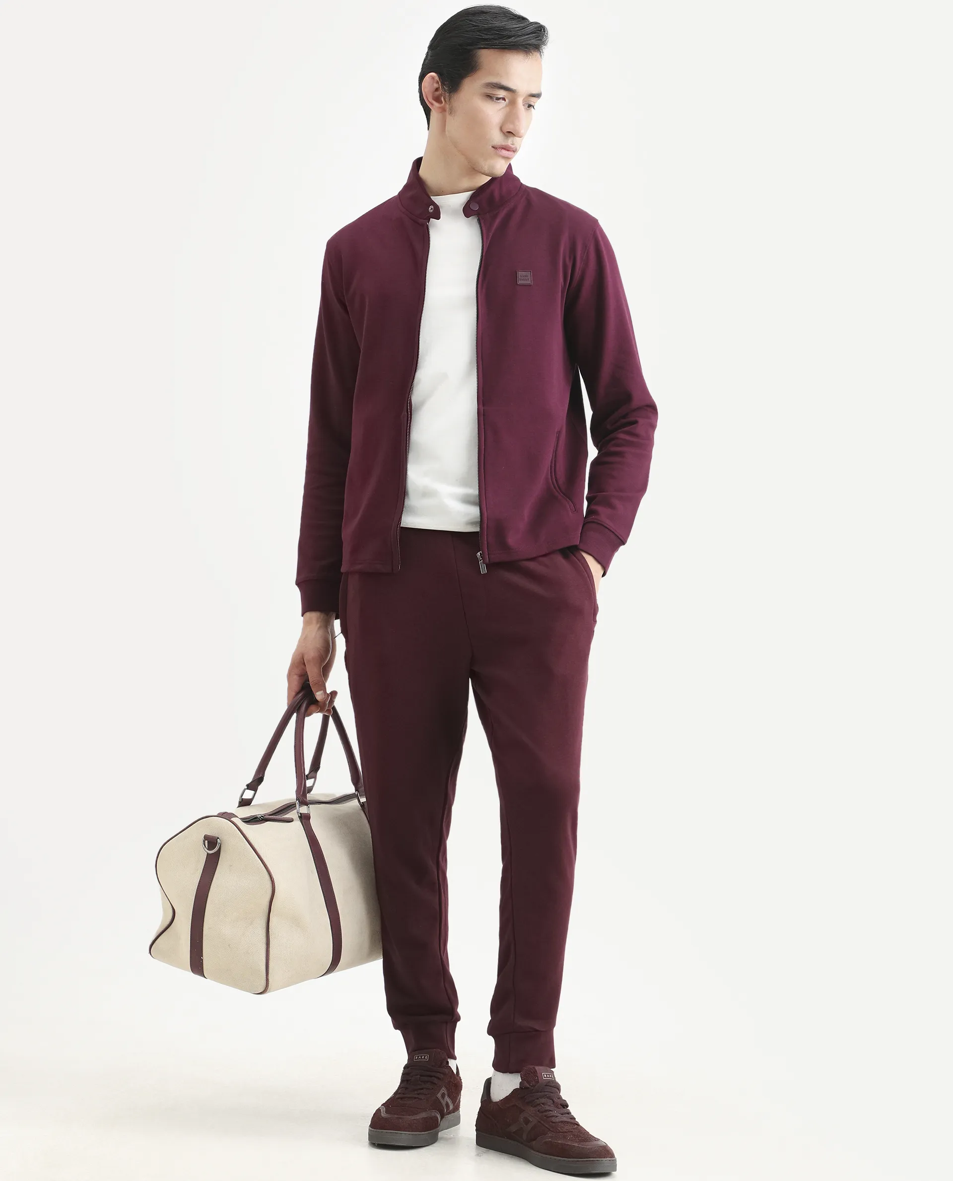 Rare Rabbit Men's Titan Maroon Cotton Plain Regular Fit Joggers