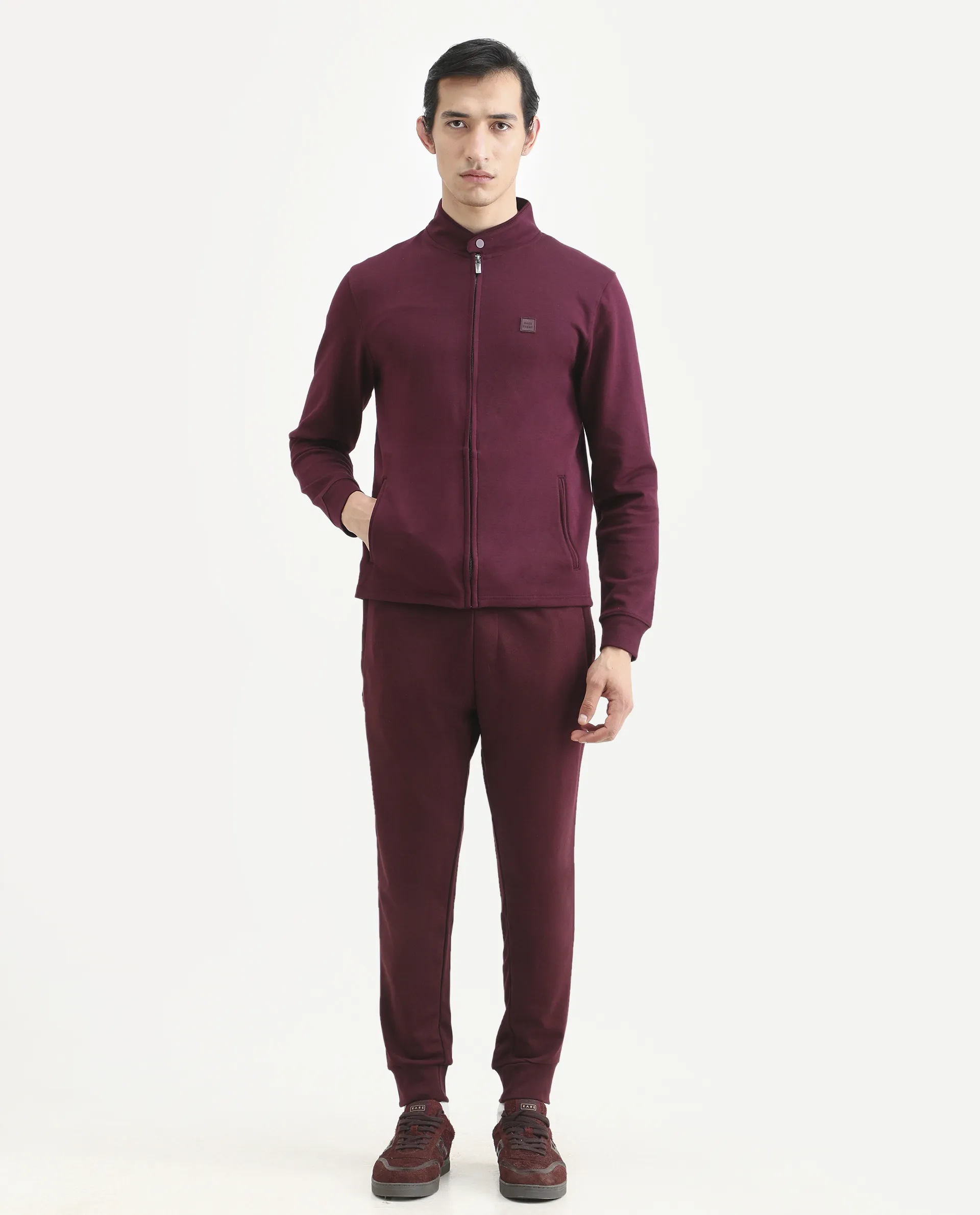 Rare Rabbit Men's Titan Maroon Cotton Plain Regular Fit Joggers - Image 2
