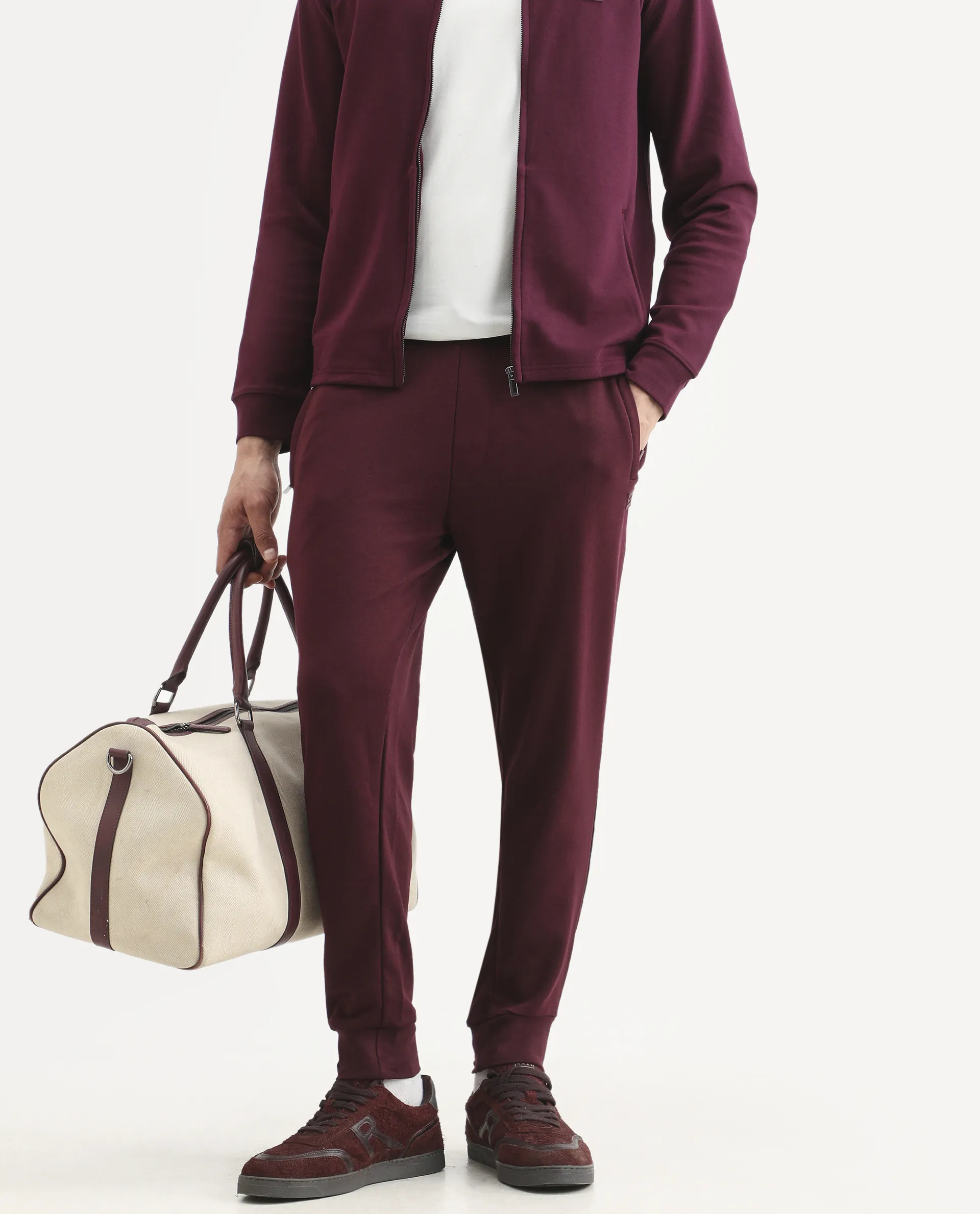 Rare Rabbit Men's Titan Maroon Cotton Plain Regular Fit Joggers - Image 3