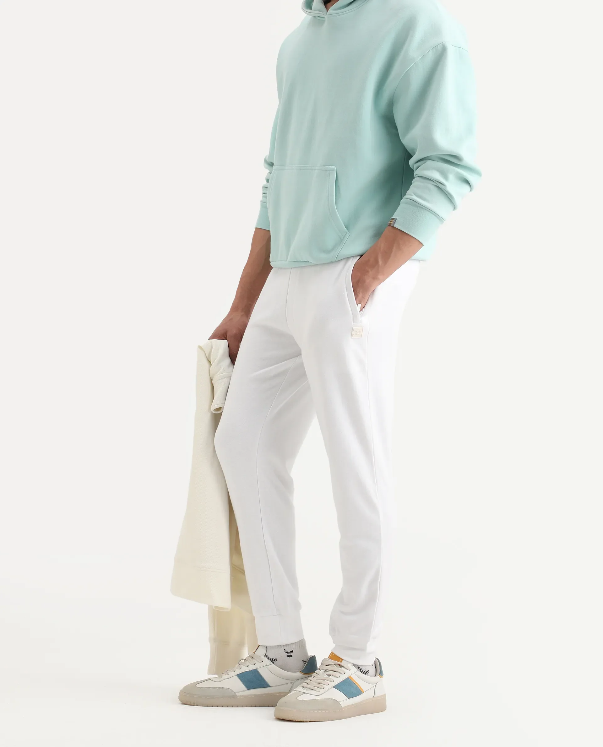 Rare Rabbit Men's Titan White Cotton Plain Regular Fit Joggers - Image 4