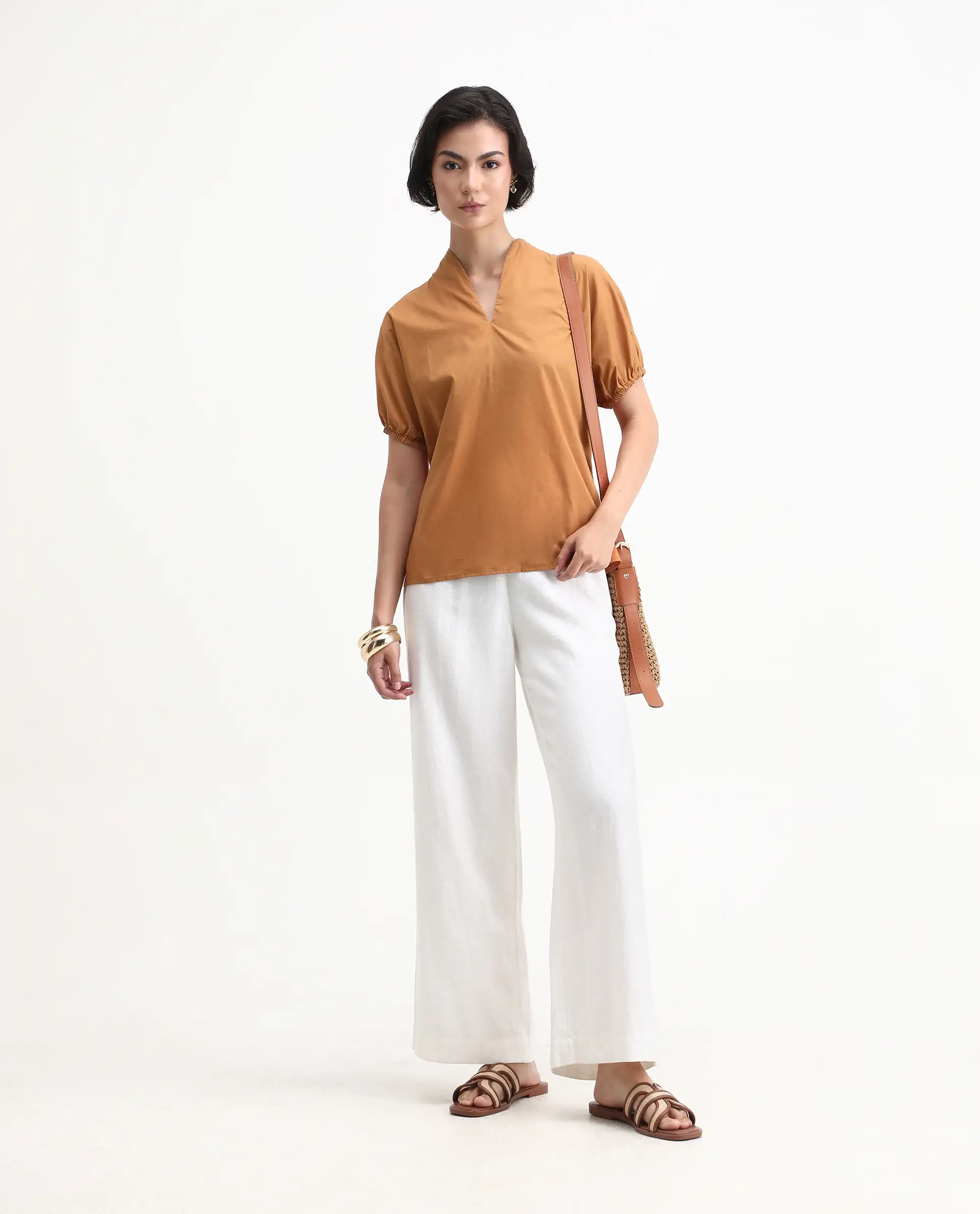 Rareism Women's Titan Light Tan Cotton V-Neck Plain Puff Sleeves Regular Fit Top - Image 2