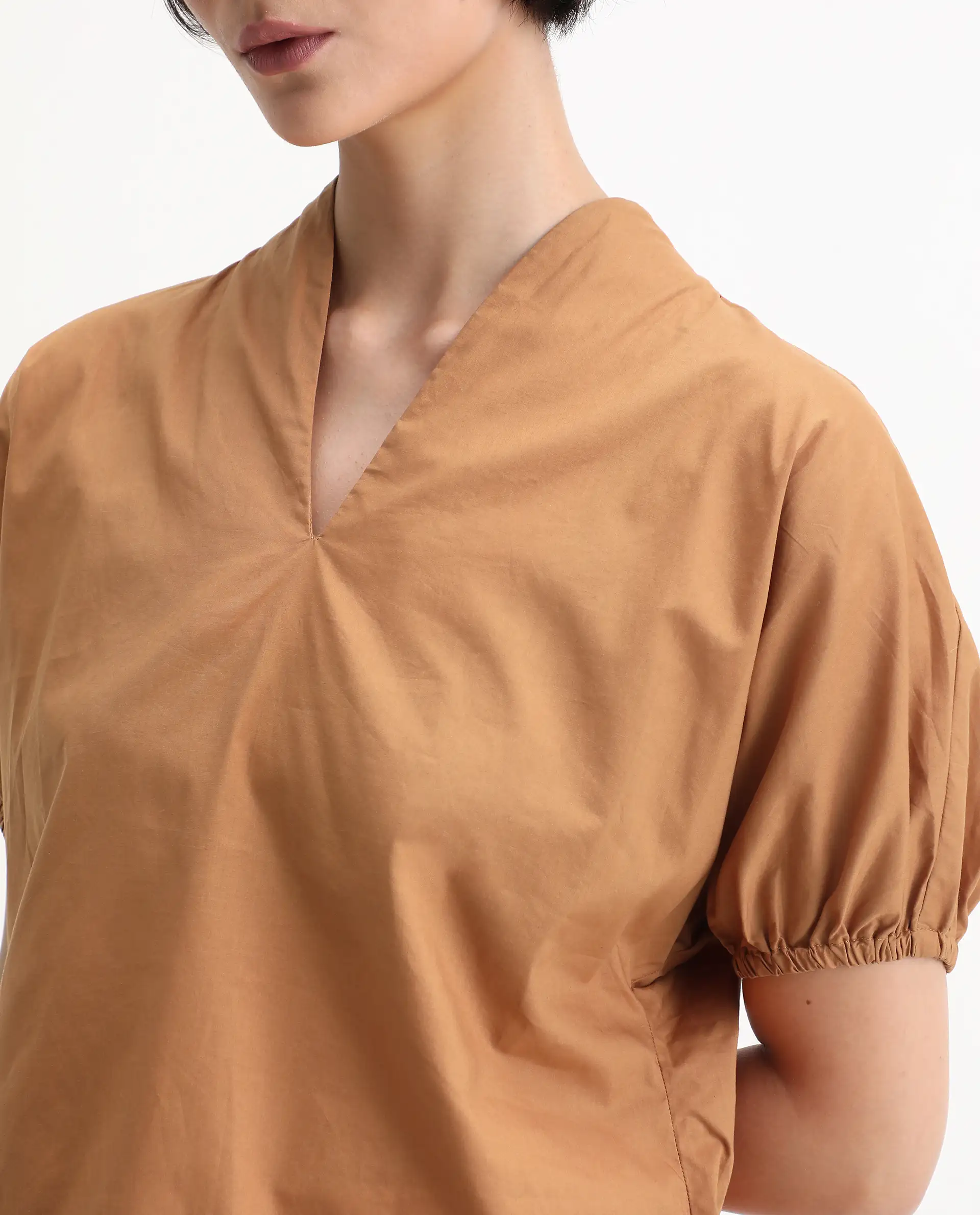 Rareism Women's Titan Light Tan Cotton V-Neck Plain Puff Sleeves Regular Fit Top - Image 3