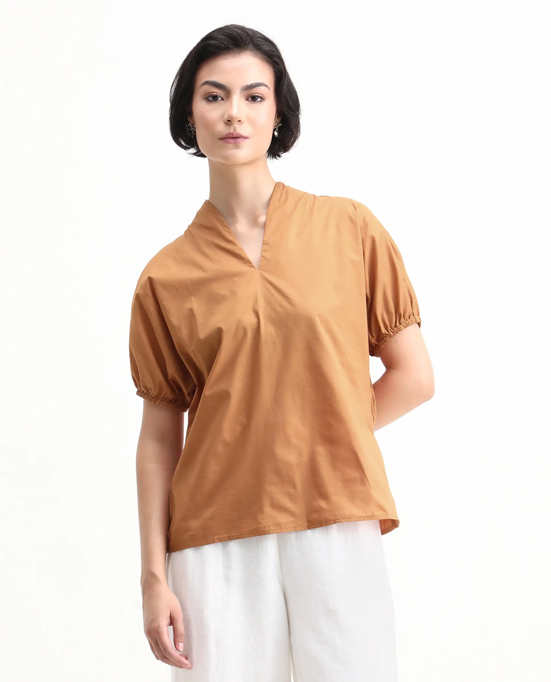 Rareism Women's Titan Light Tan Cotton V-Neck Plain Puff Sleeves Regular Fit Top - Image 4