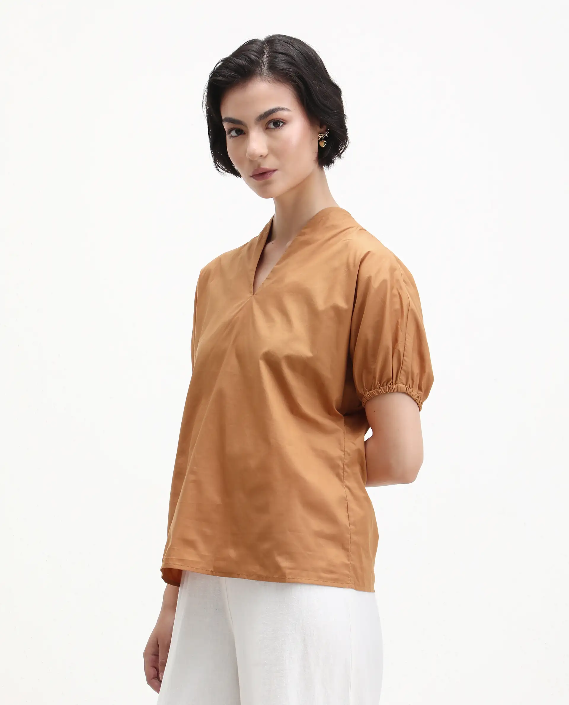 Rareism Women's Titan Light Tan Cotton V-Neck Plain Puff Sleeves Regular Fit Top - Image 5