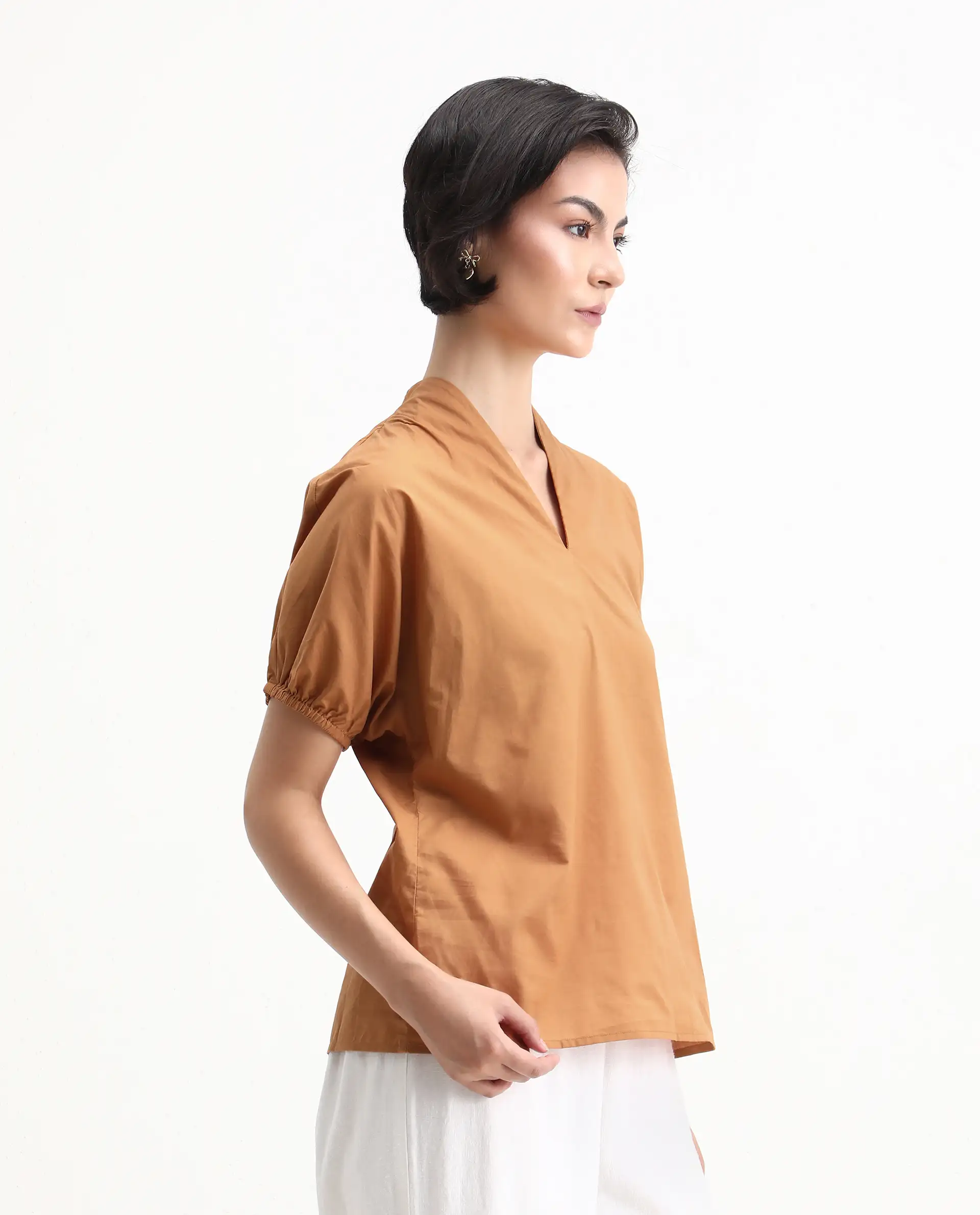 Rareism Women's Titan Light Tan Cotton V-Neck Plain Puff Sleeves Regular Fit Top - Image 6