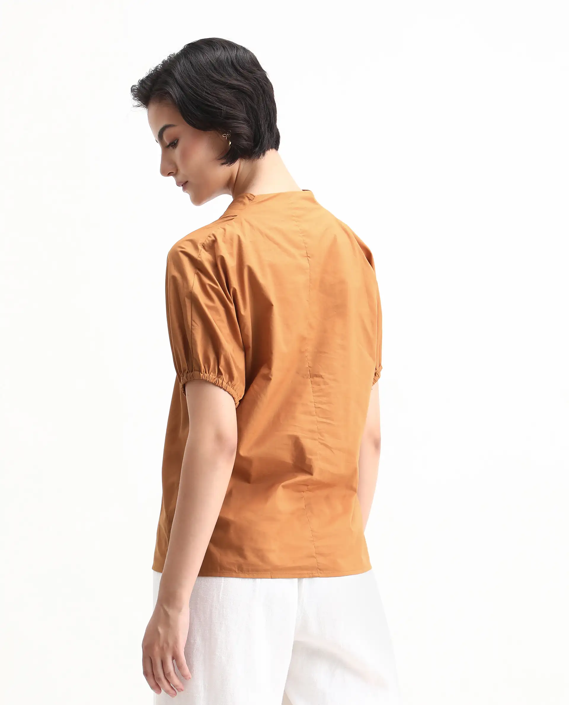 Rareism Women's Titan Light Tan Cotton V-Neck Plain Puff Sleeves Regular Fit Top - Image 7
