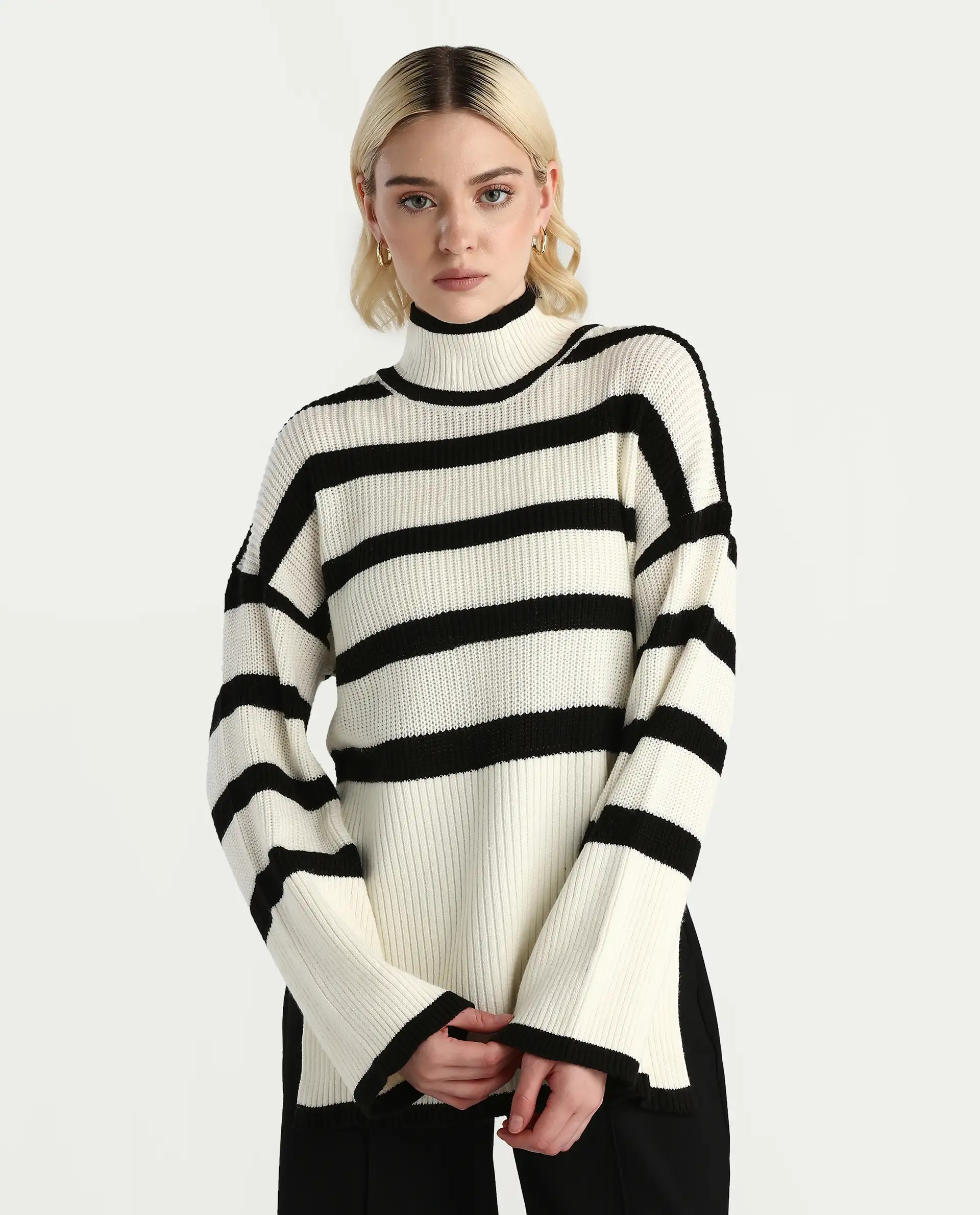 Rareism Women's Titania Black Acrylic High Neck Striped Relaxed Fit Sweater