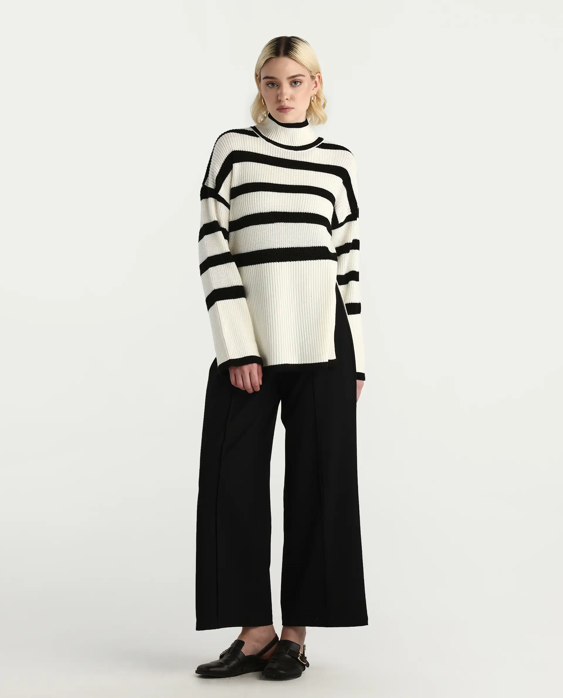 Rareism Women's Titania Black Acrylic High Neck Striped Relaxed Fit Sweater - Image 2