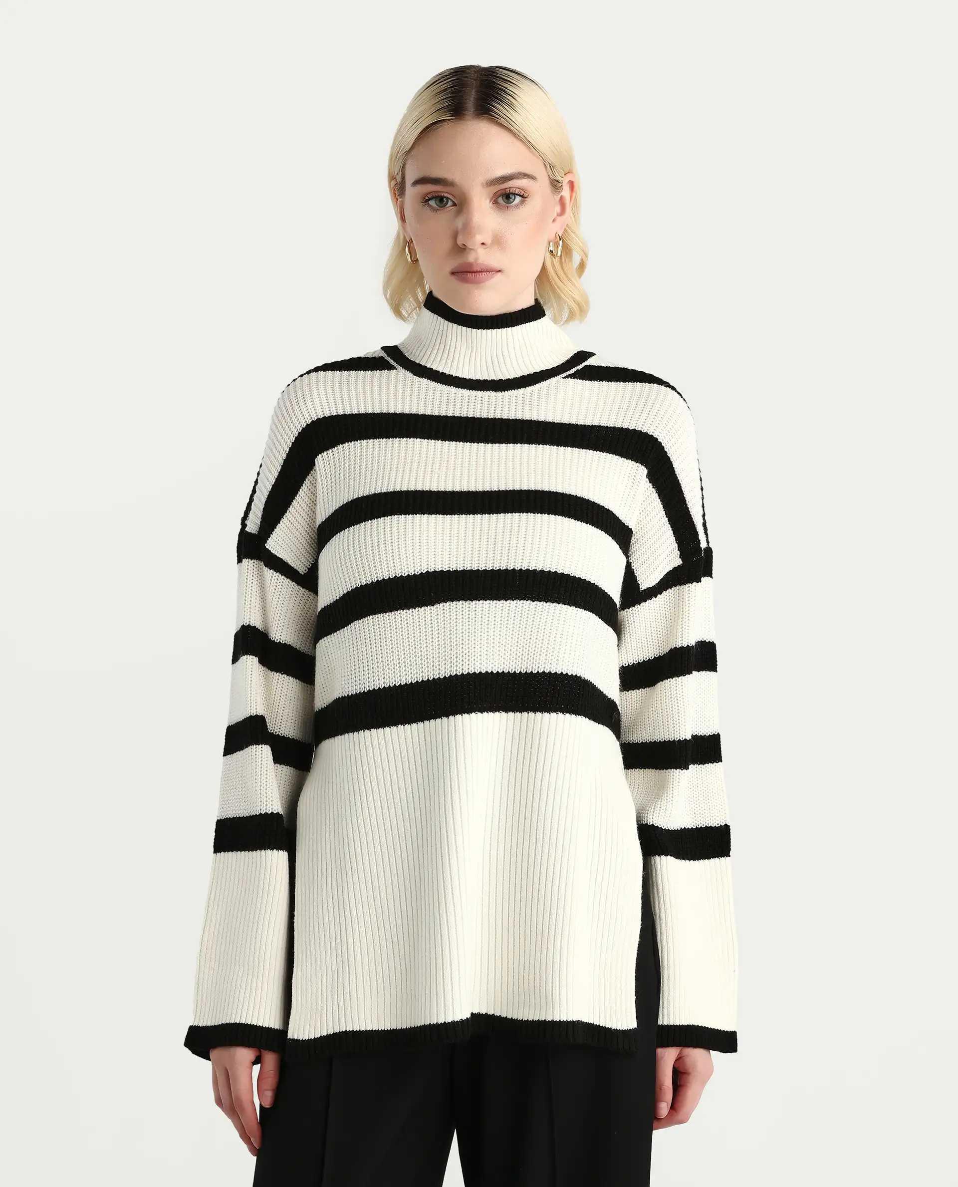 Rareism Women's Titania Black Acrylic High Neck Striped Relaxed Fit Sweater - Image 3
