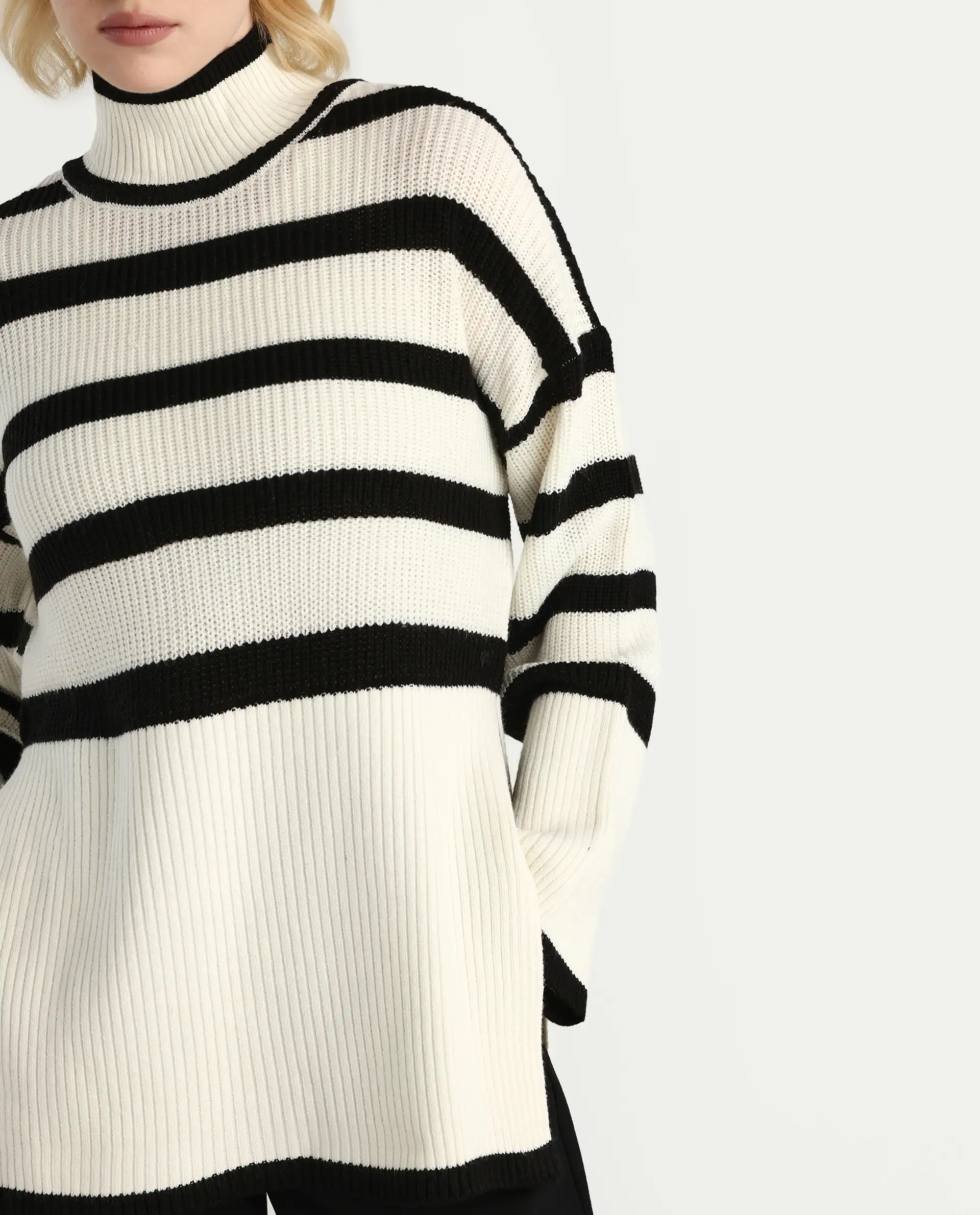 Rareism Women's Titania Black Acrylic High Neck Striped Relaxed Fit Sweater - Image 4