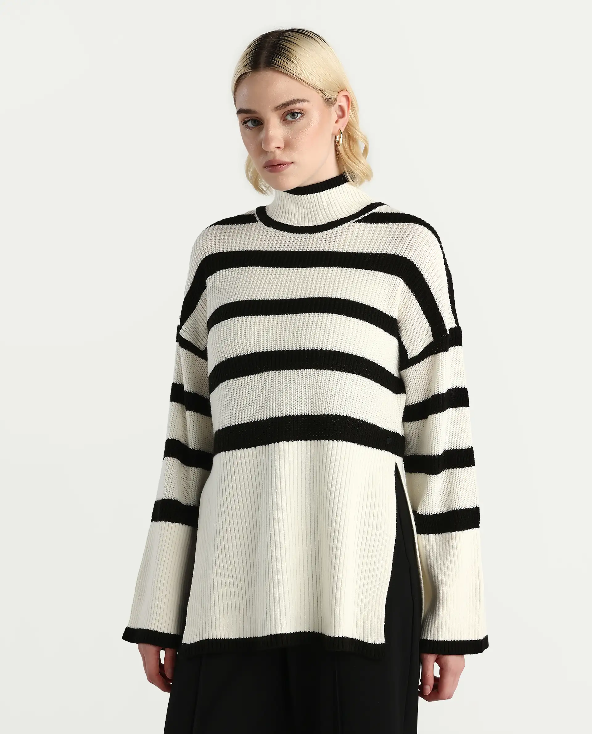 Rareism Women's Titania Black Acrylic High Neck Striped Relaxed Fit Sweater - Image 5