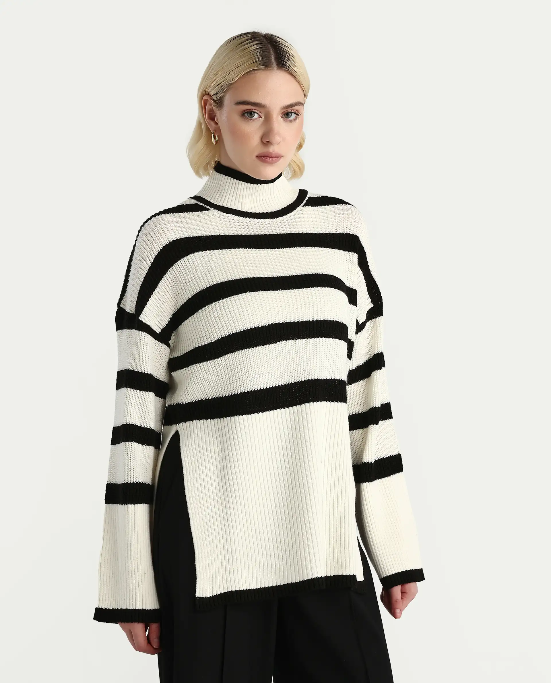 Rareism Women's Titania Black Acrylic High Neck Striped Relaxed Fit Sweater - Image 6