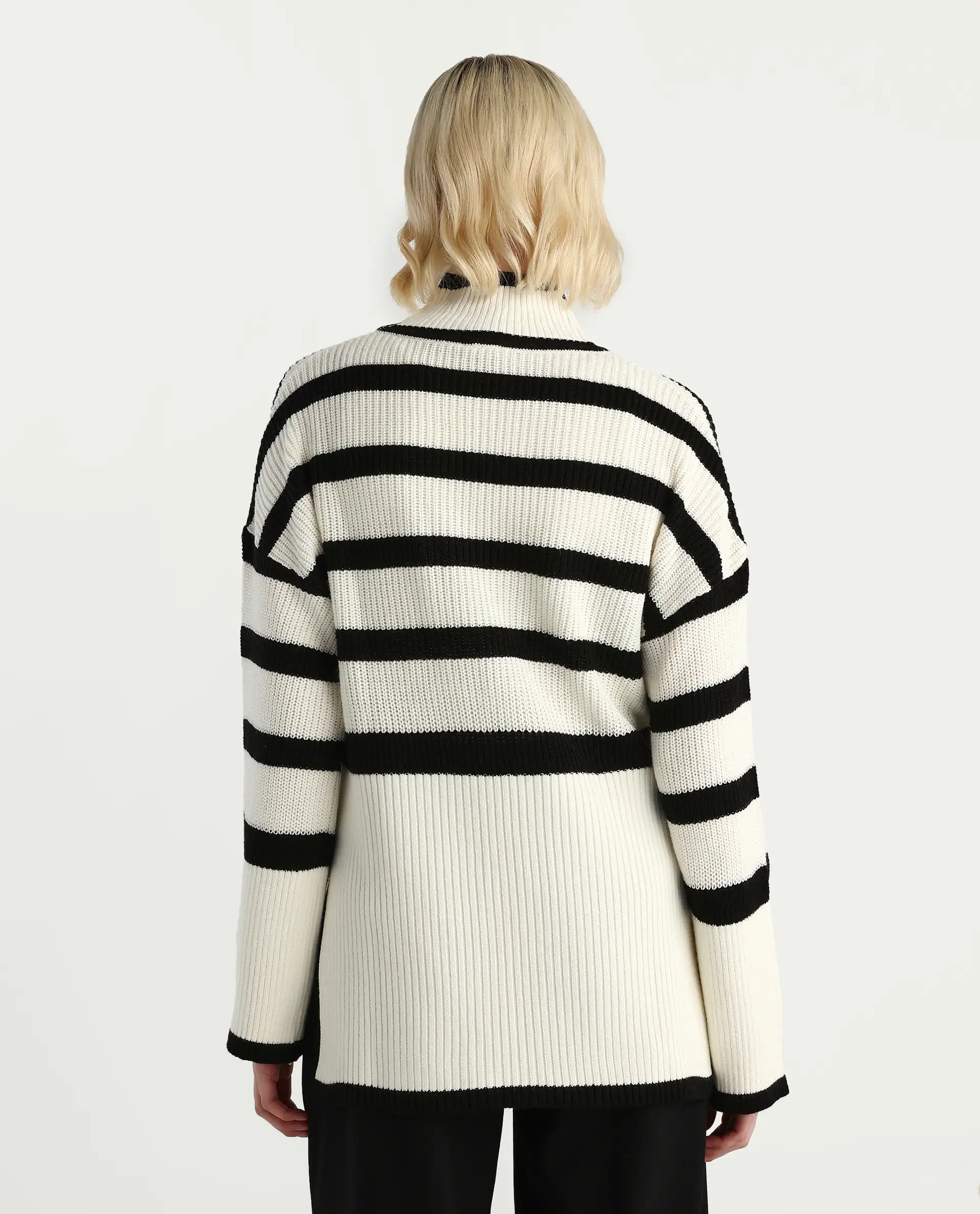 Rareism Women's Titania Black Acrylic High Neck Striped Relaxed Fit Sweater - Image 7