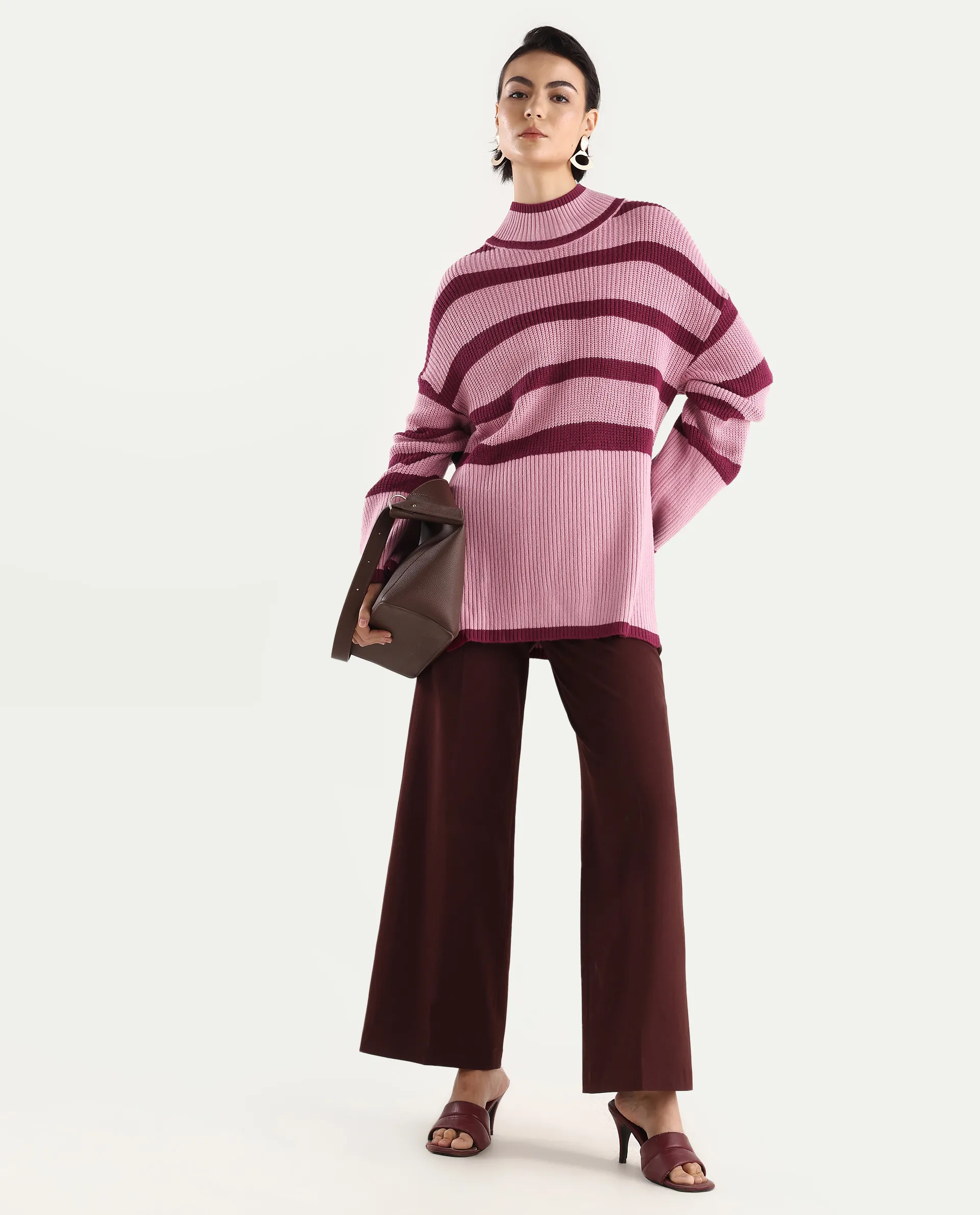 Rareism Women's Titania Pink Acrylic High Neck Striped Relaxed Fit Sweater - Image 2