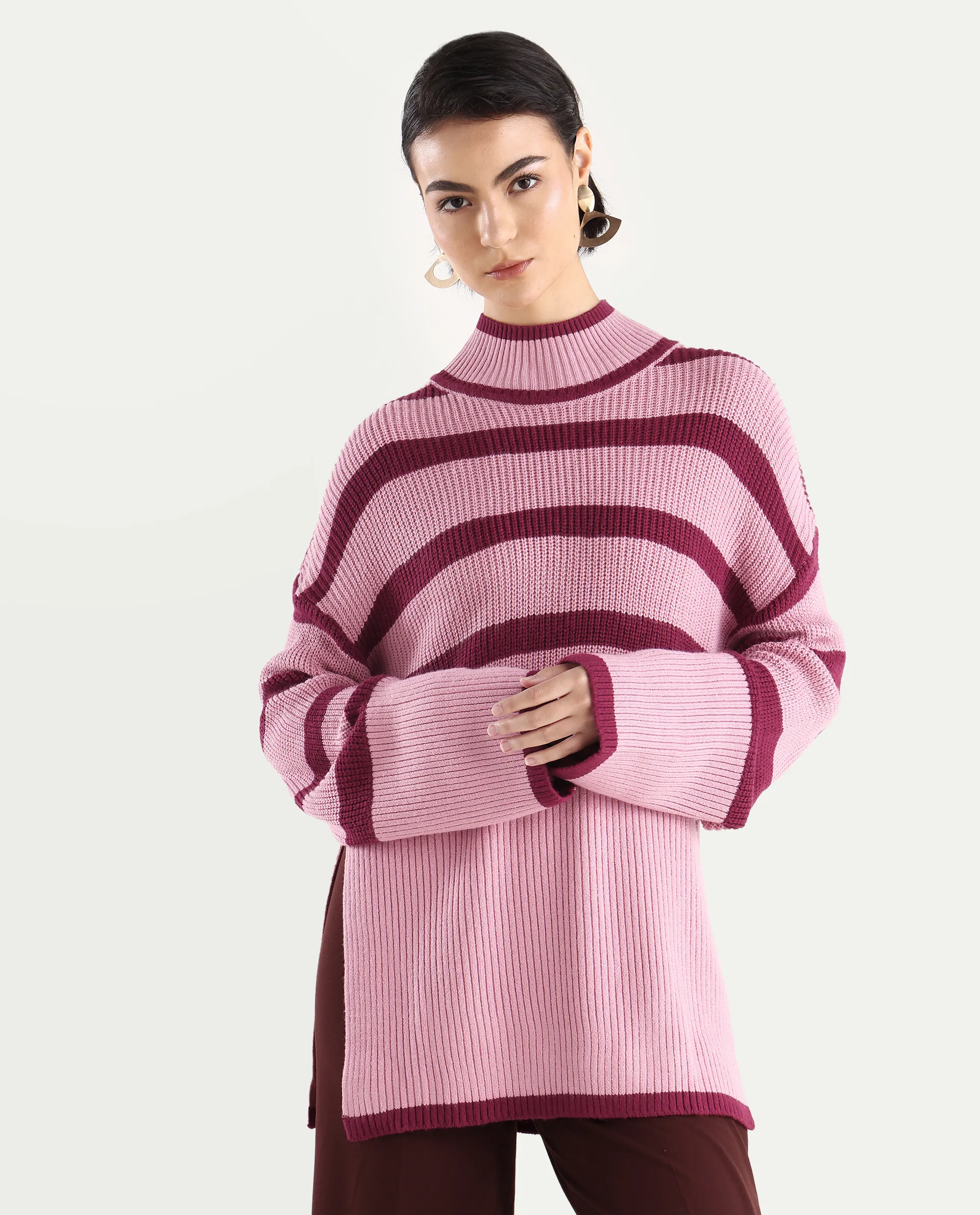 Rareism Women's Titania Pink Acrylic High Neck Striped Relaxed Fit Sweater - Image 3