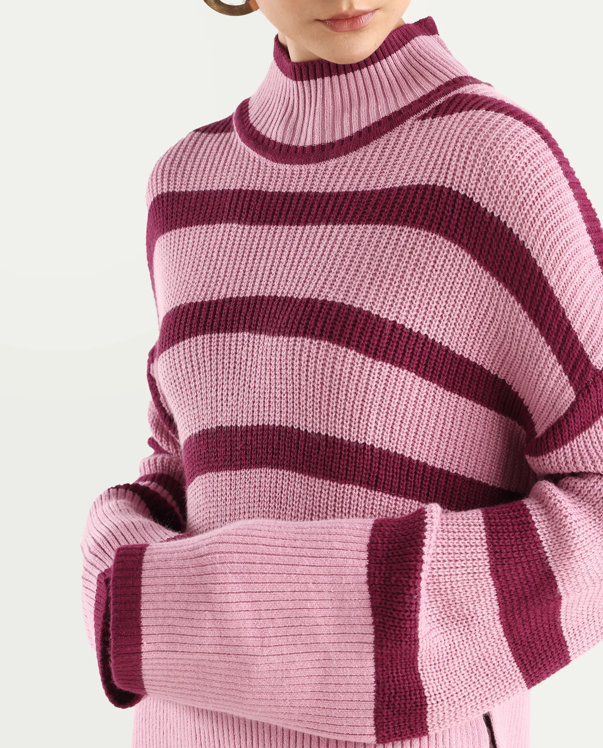 Rareism Women's Titania Pink Acrylic High Neck Striped Relaxed Fit Sweater - Image 4