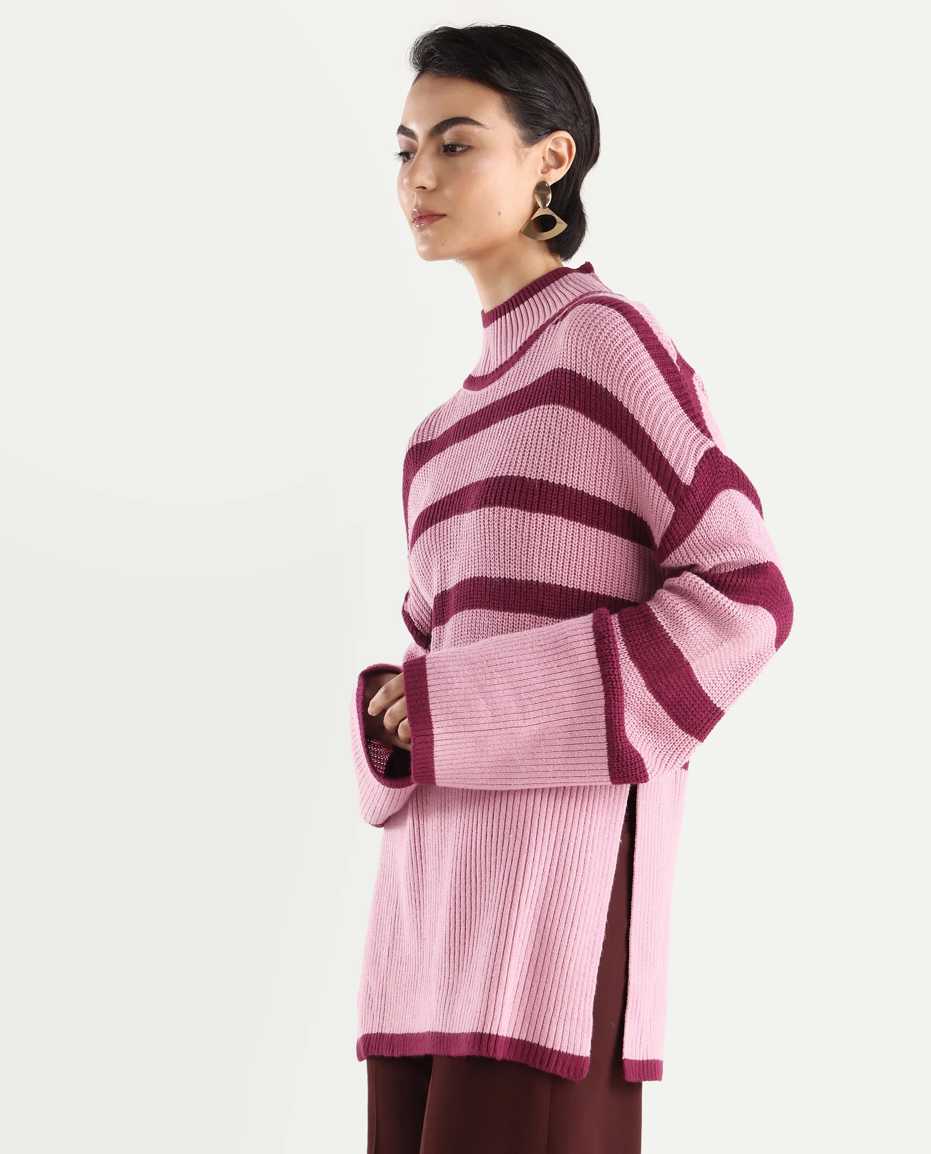 Rareism Women's Titania Pink Acrylic High Neck Striped Relaxed Fit Sweater - Image 5