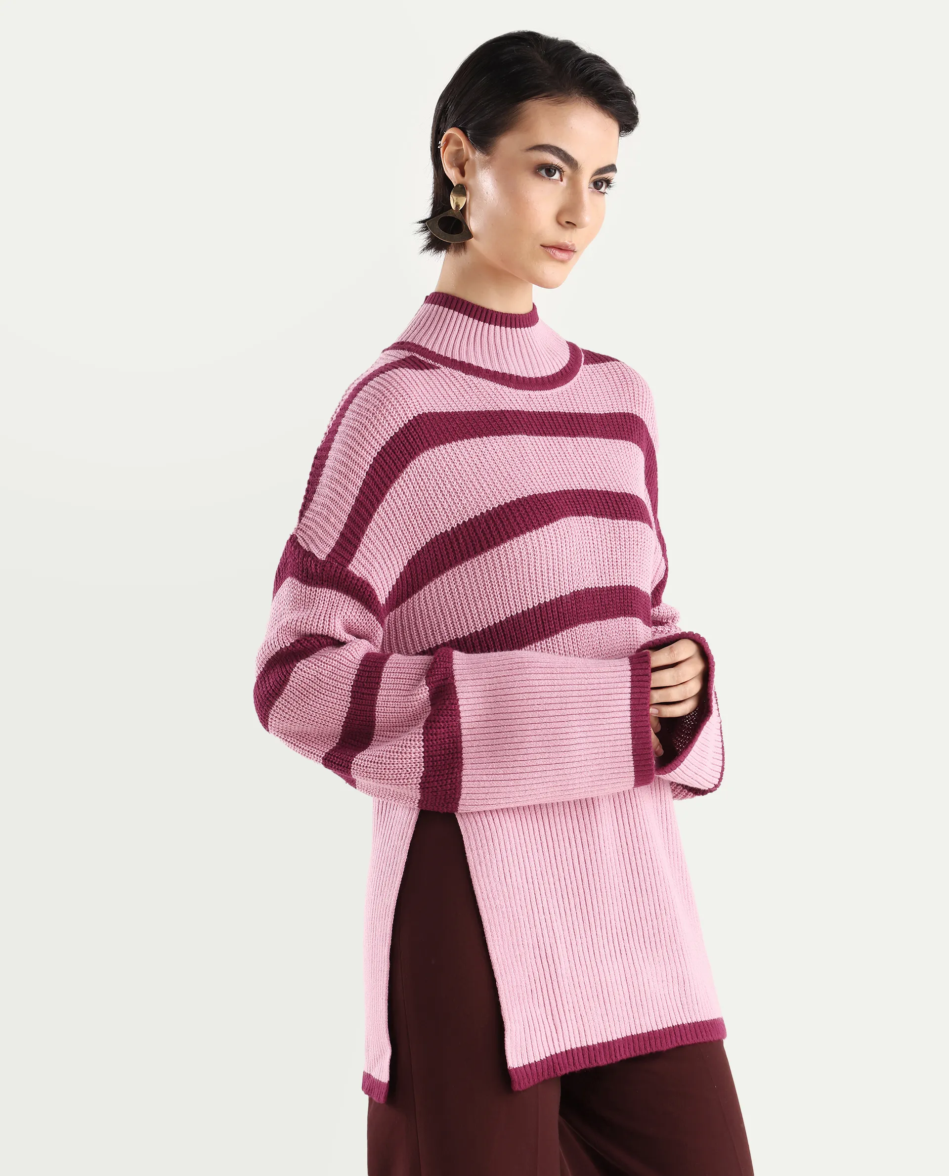 Rareism Women's Titania Pink Acrylic High Neck Striped Relaxed Fit Sweater - Image 6