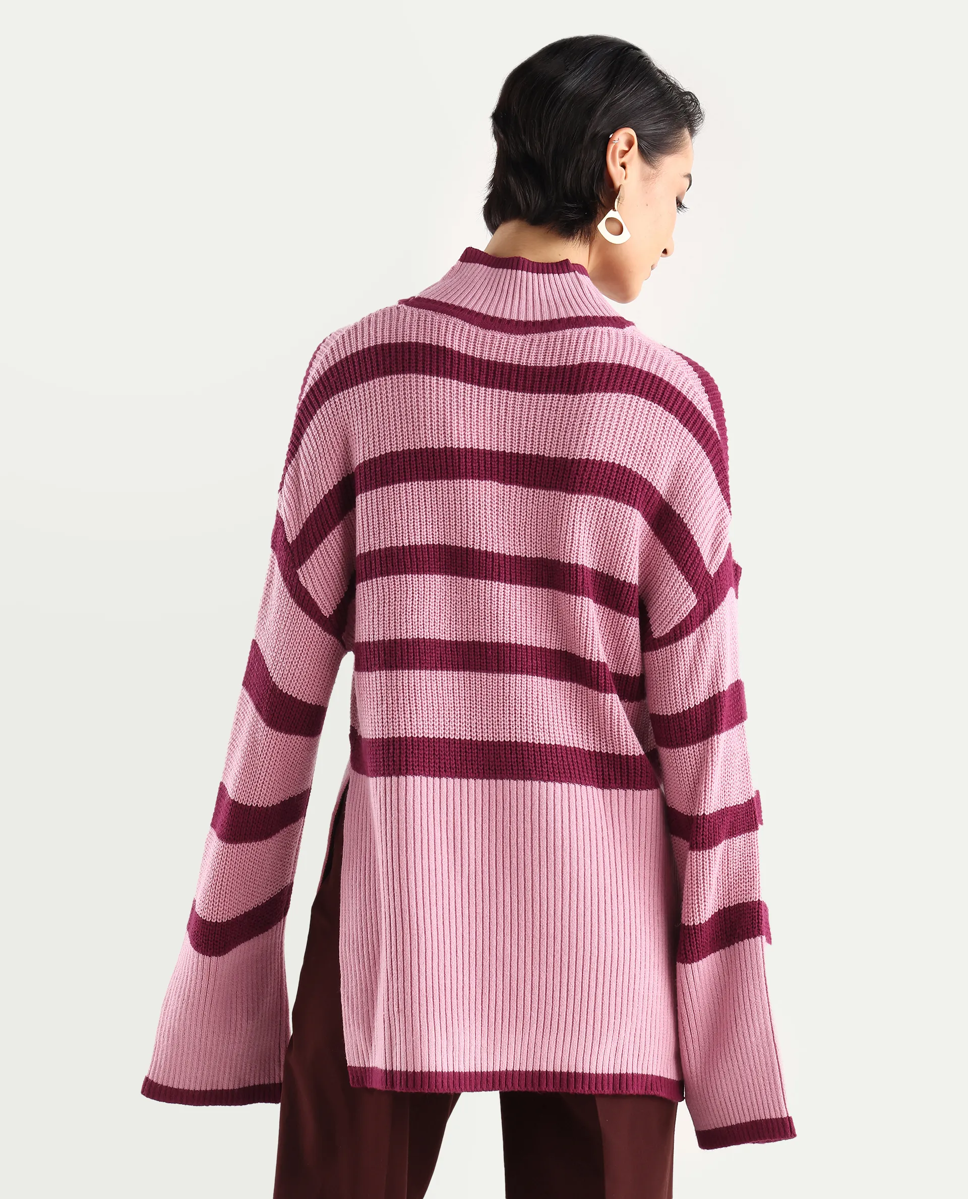 Rareism Women's Titania Pink Acrylic High Neck Striped Relaxed Fit Sweater - Image 7