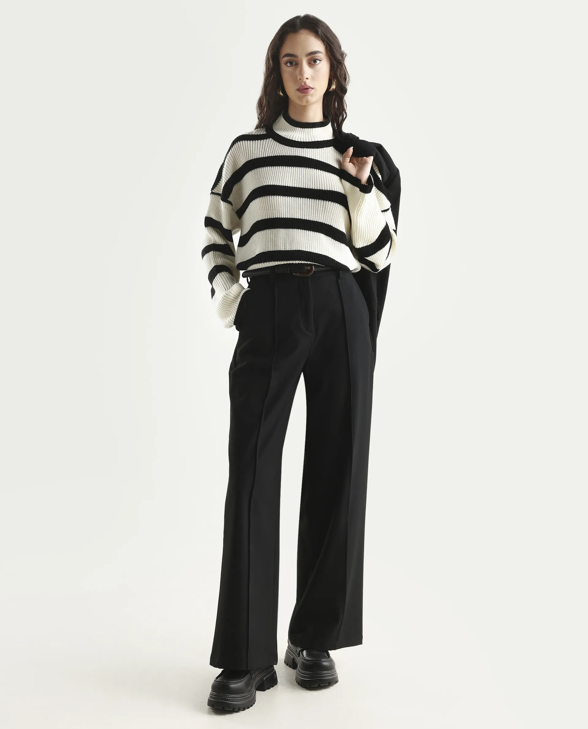 Rareism Women's Titanium White Acrylic High Neck Oversize Fit Striped Sweater - Image 2