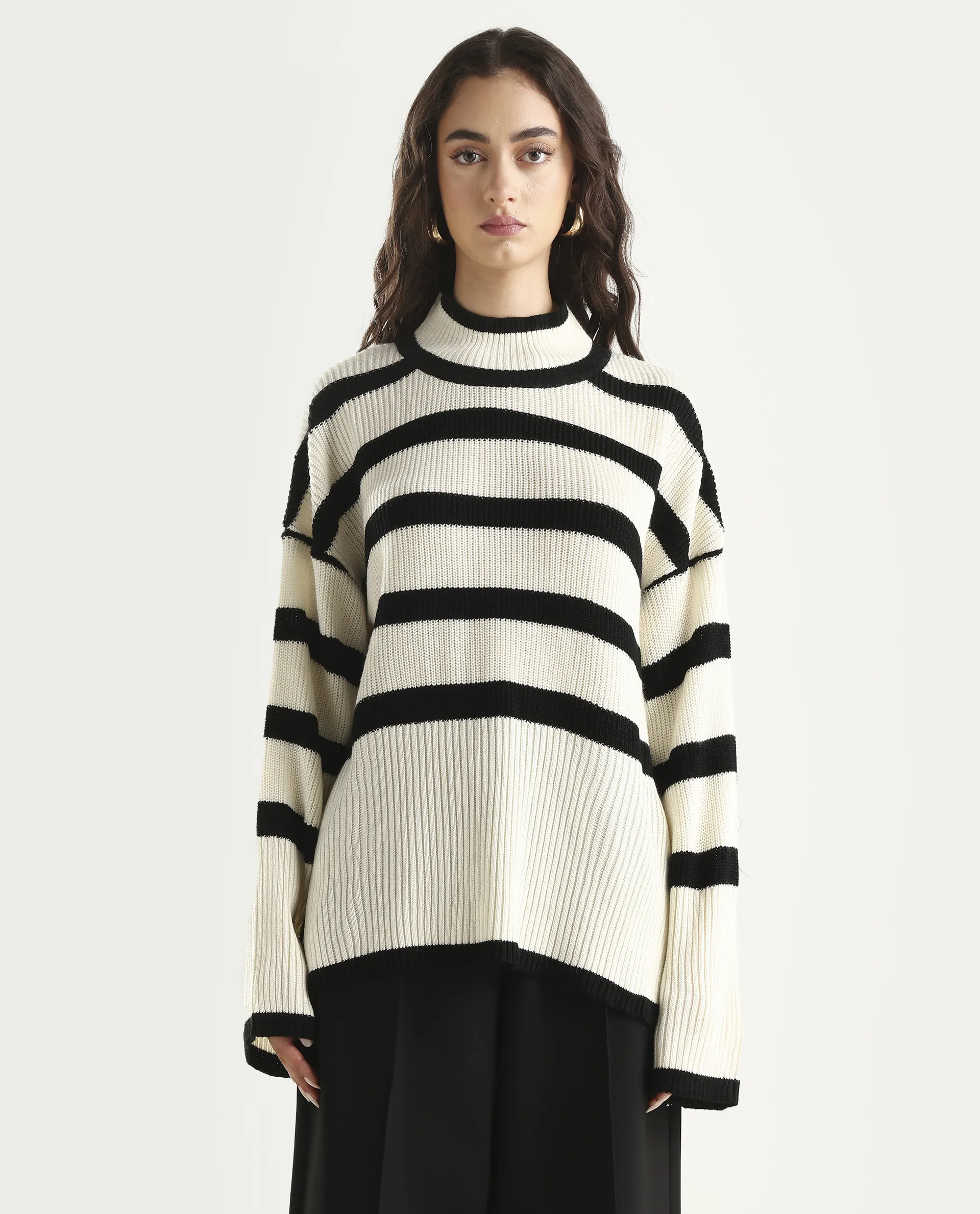 Rareism Women's Titanium White Acrylic High Neck Oversize Fit Striped Sweater - Image 3
