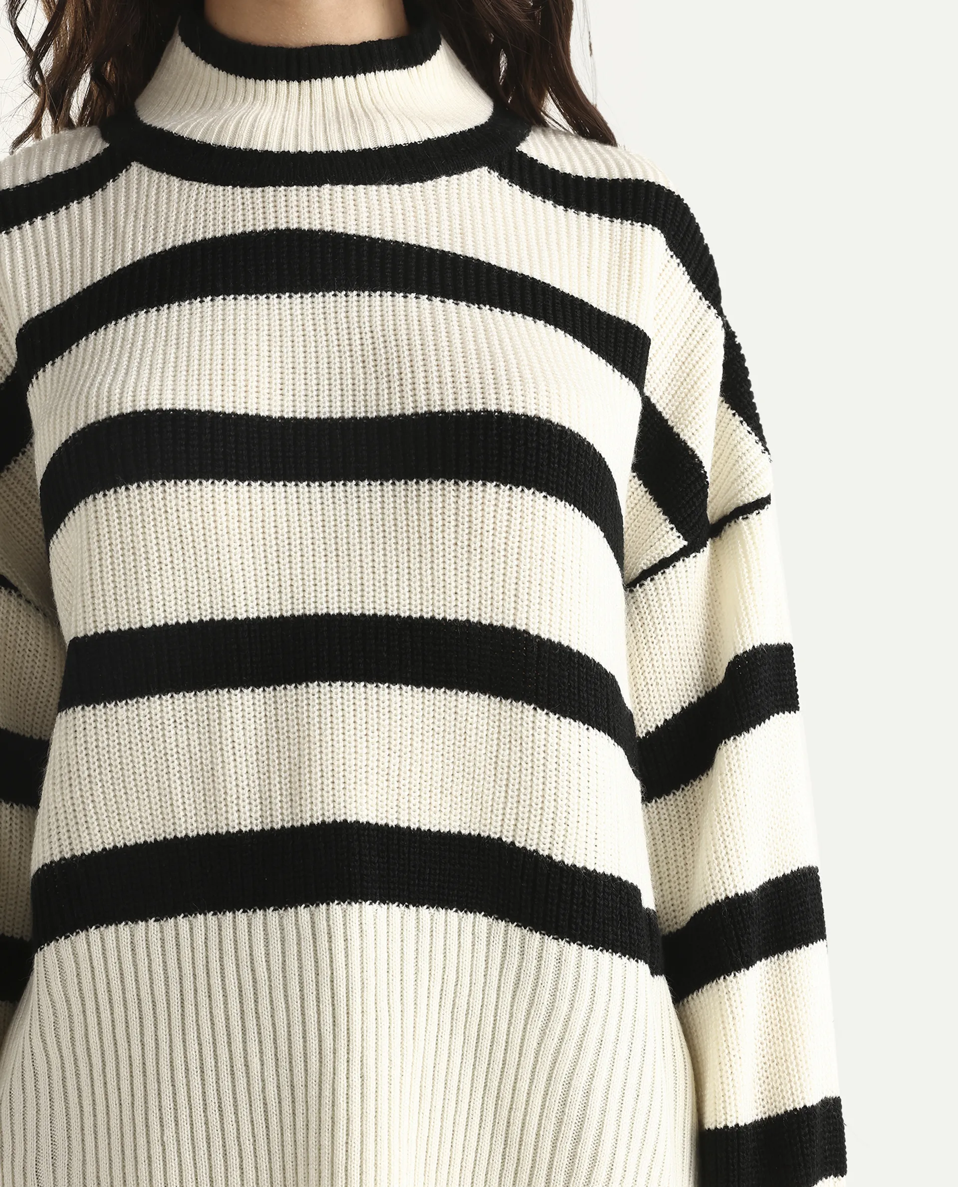 Rareism Women's Titanium White Acrylic High Neck Oversize Fit Striped Sweater - Image 4