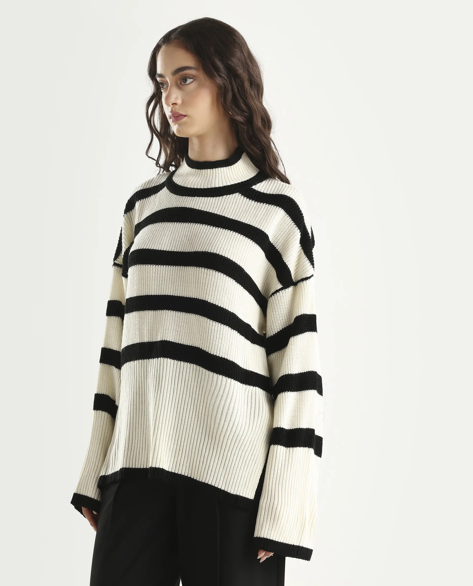 Rareism Women's Titanium White Acrylic High Neck Oversize Fit Striped Sweater - Image 5
