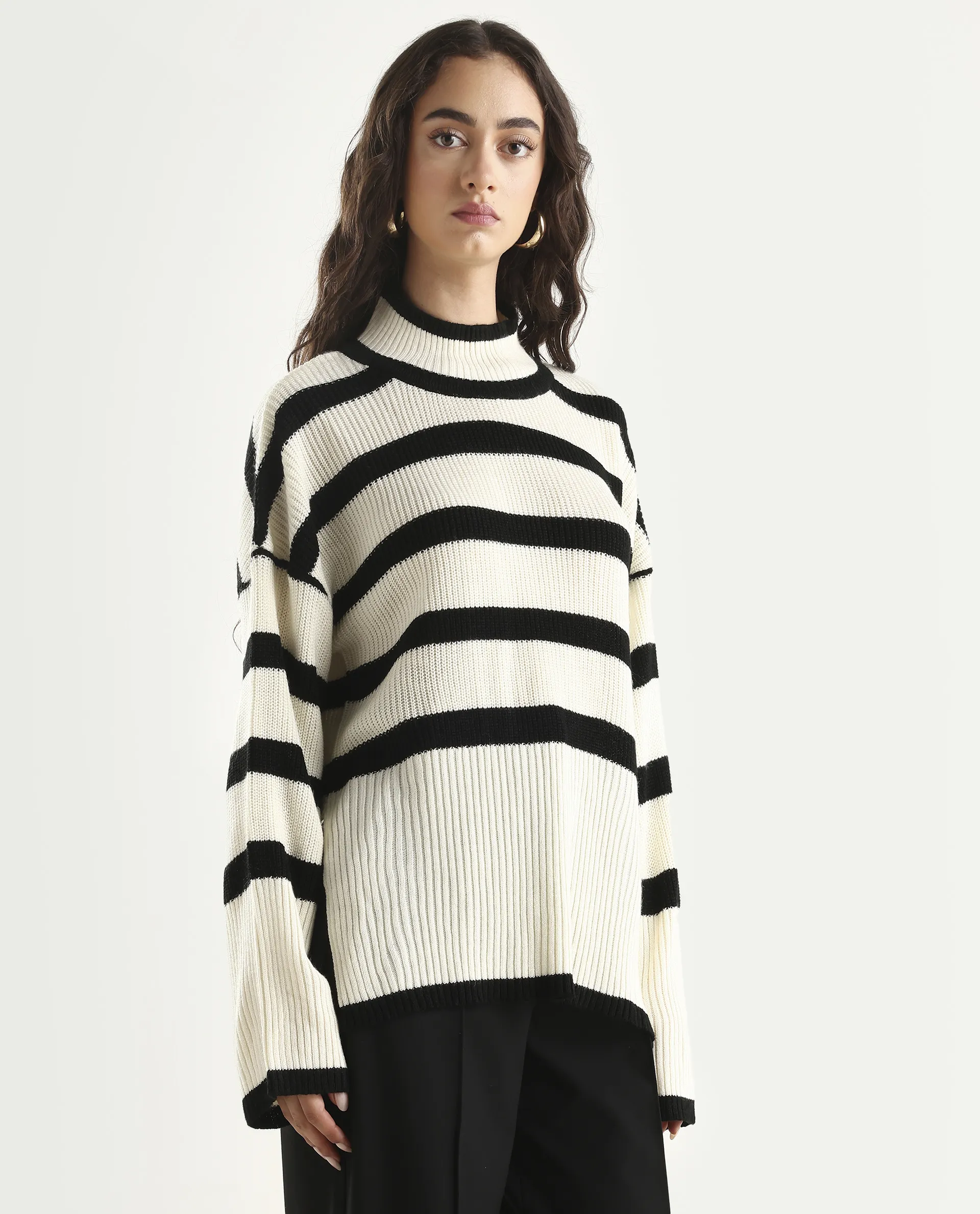 Rareism Women's Titanium White Acrylic High Neck Oversize Fit Striped Sweater - Image 6