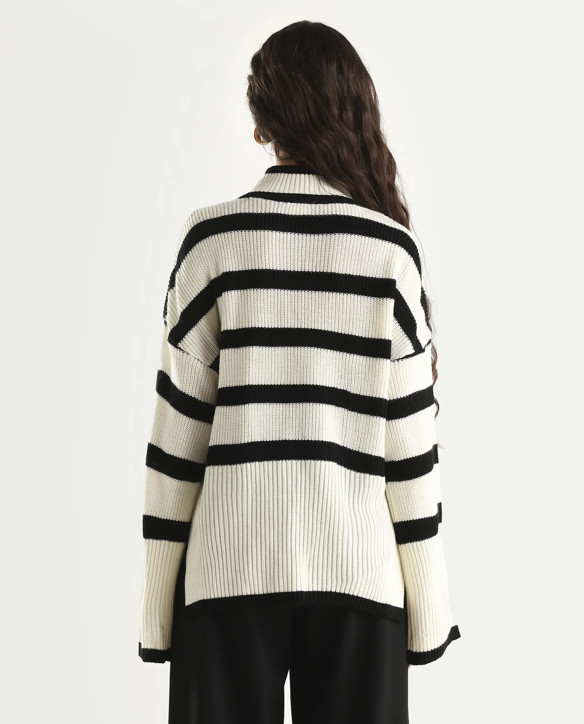 Rareism Women's Titanium White Acrylic High Neck Oversize Fit Striped Sweater - Image 7
