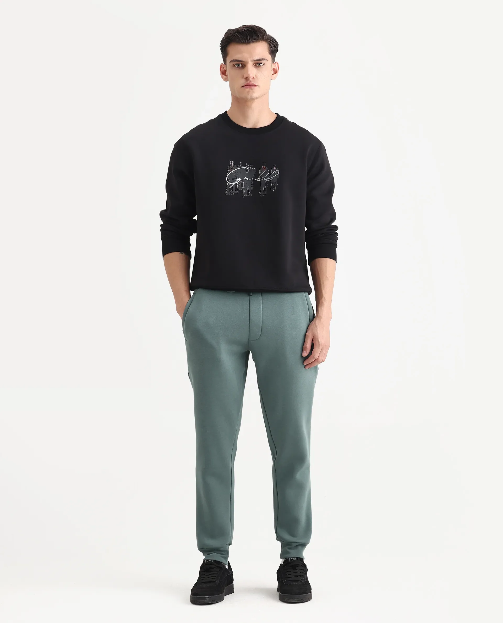 Rare Rabbit Men's Tive Black Cotton Blend Graphic Print Regular Fit Full Sleeve Crew Neck Sweatshirt - Image 2