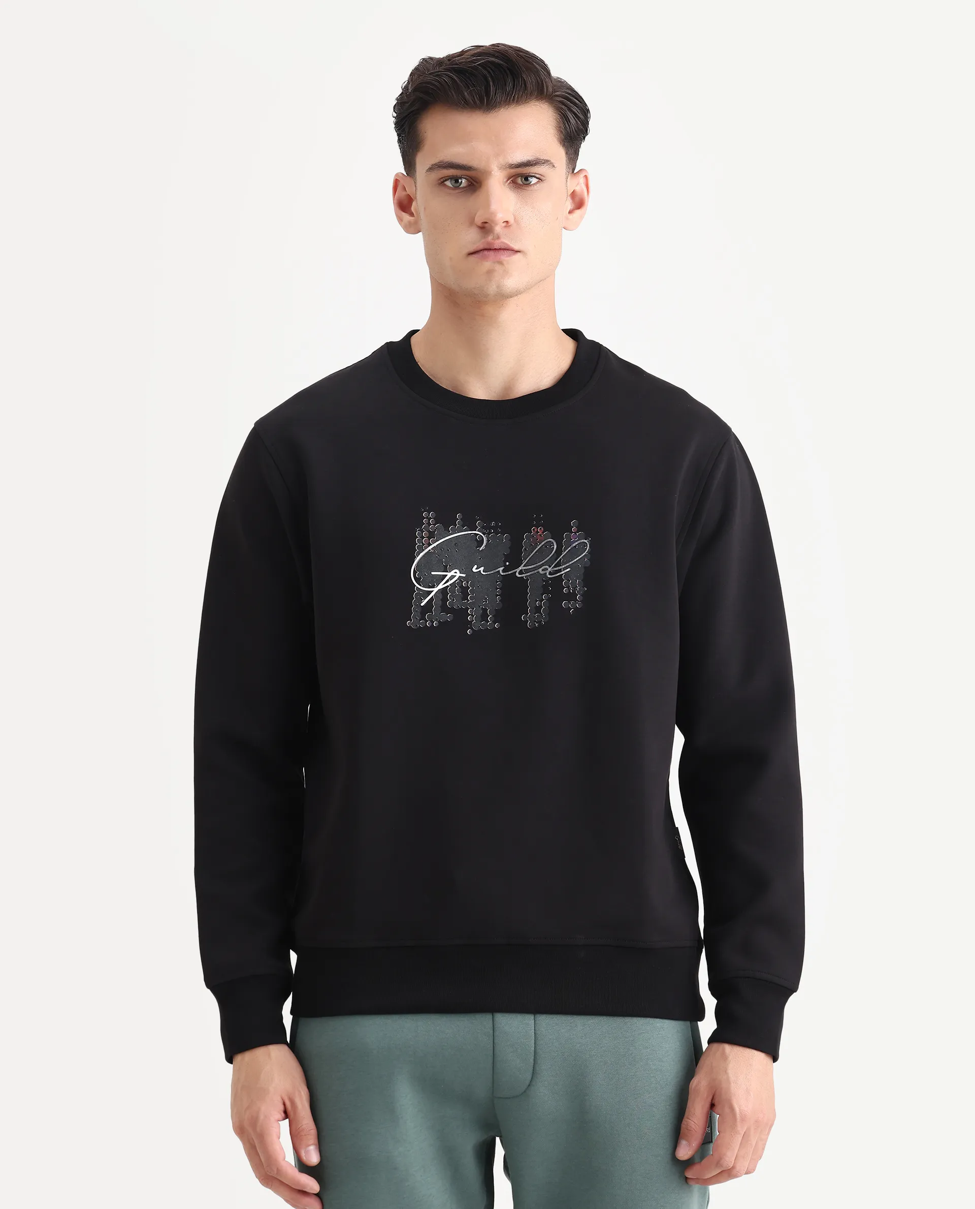 Rare Rabbit Men's Tive Black Cotton Blend Graphic Print Regular Fit Full Sleeve Crew Neck Sweatshirt - Image 4