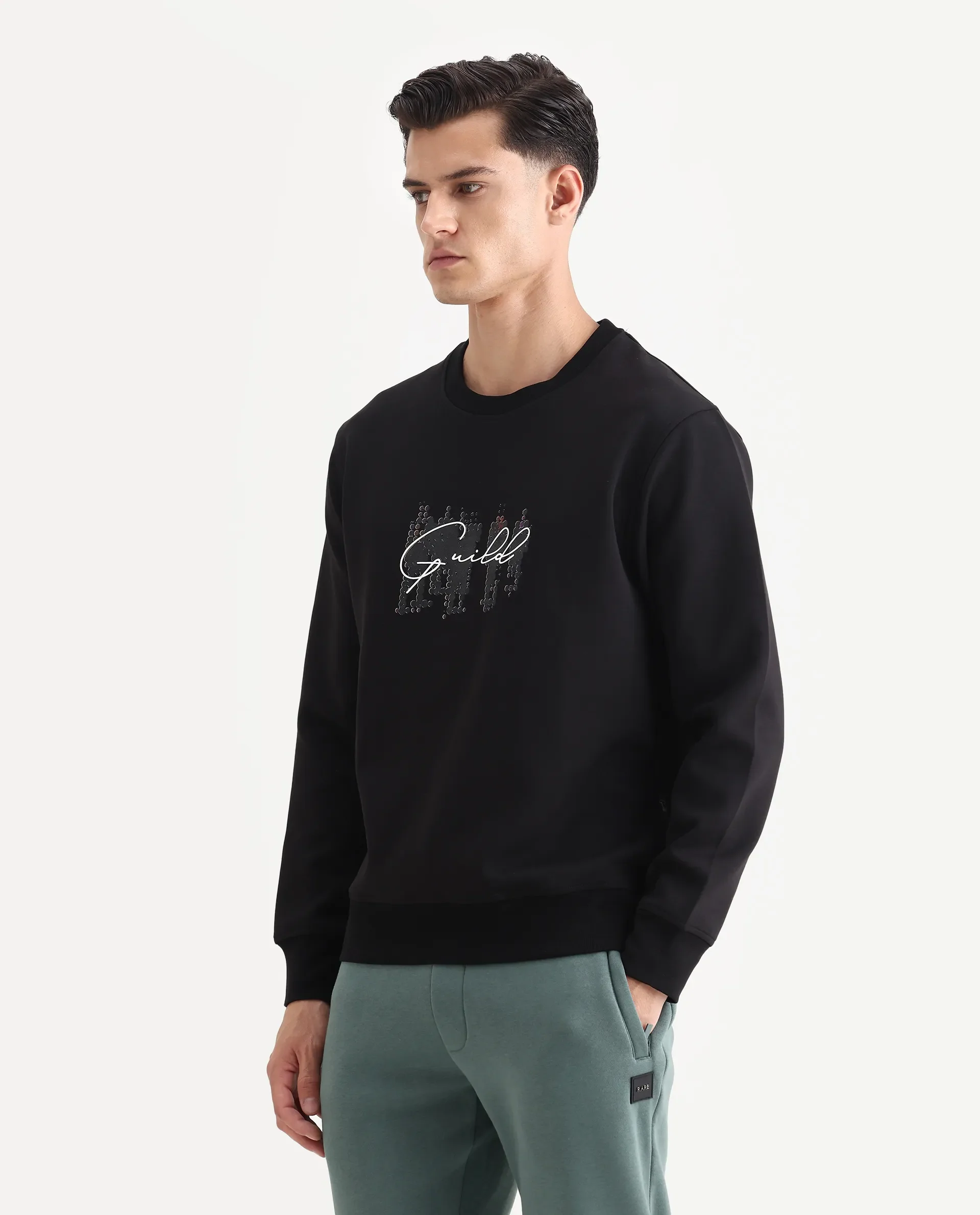 Rare Rabbit Men's Tive Black Cotton Blend Graphic Print Regular Fit Full Sleeve Crew Neck Sweatshirt - Image 5