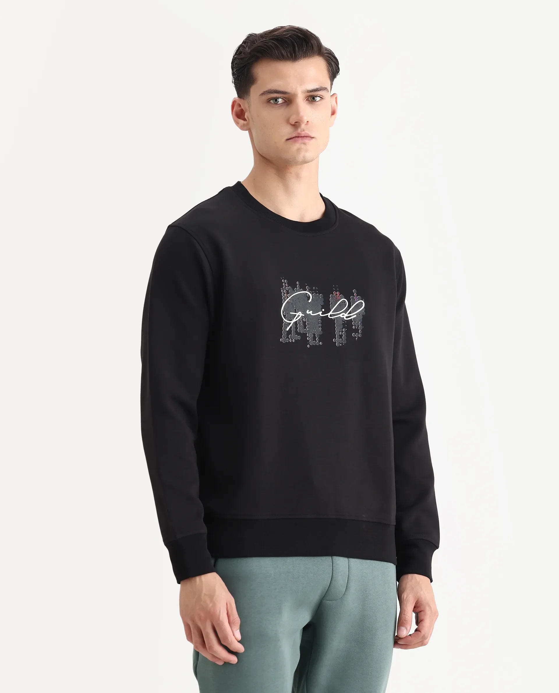 Rare Rabbit Men's Tive Black Cotton Blend Graphic Print Regular Fit Full Sleeve Crew Neck Sweatshirt - Image 6