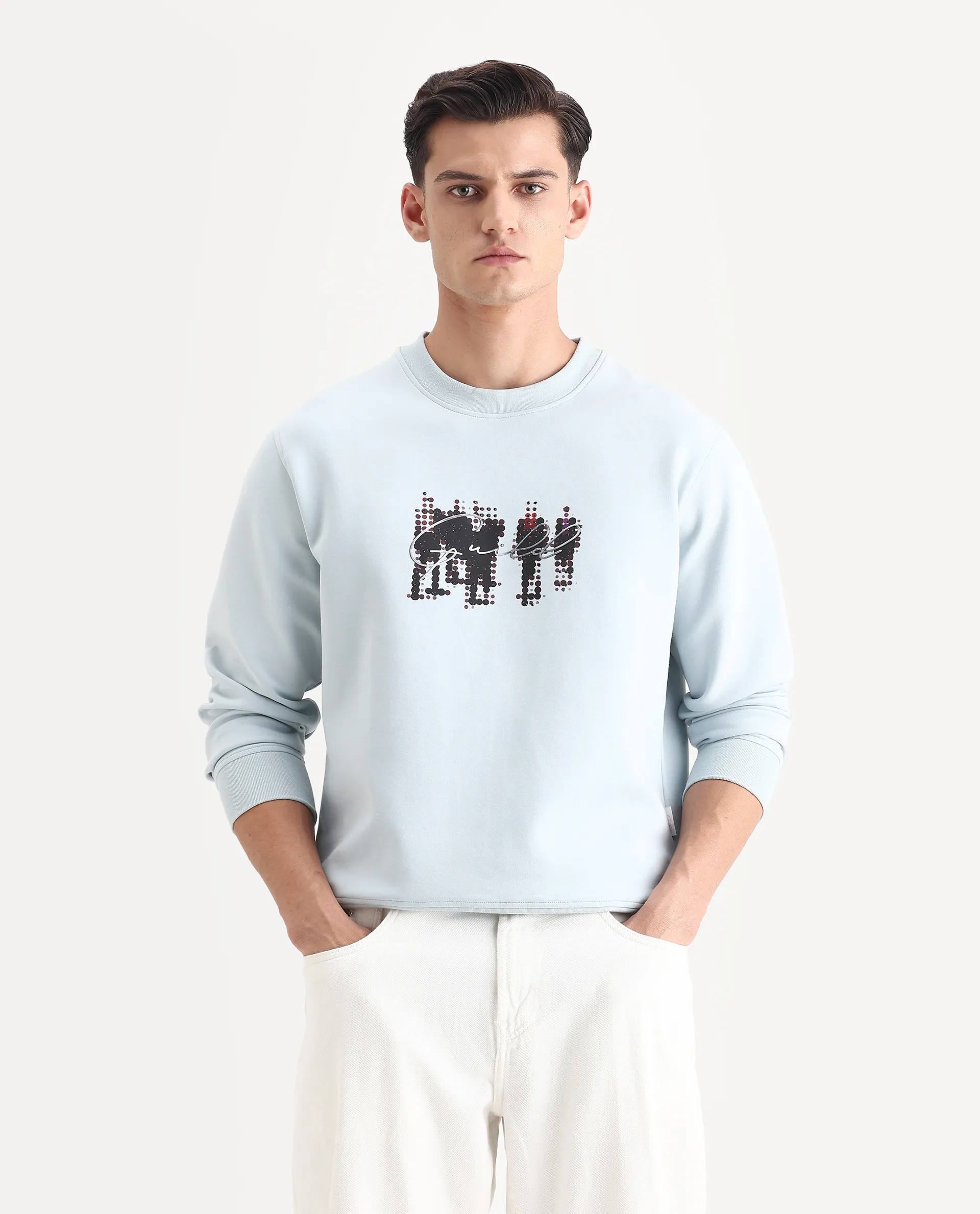 Rare Rabbit Men's Tive Dusky Blue Cotton Blend Graphic Print Regular Fit Full Sleeve Crew Neck Sweatshirt