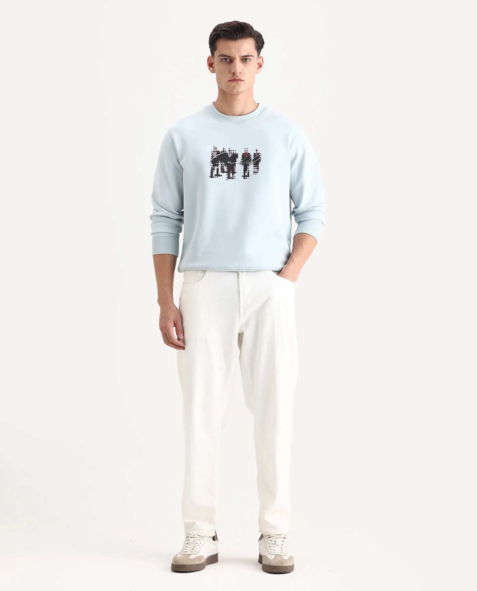 Rare Rabbit Men's Tive Dusky Blue Cotton Blend Graphic Print Regular Fit Full Sleeve Crew Neck Sweatshirt - Image 2