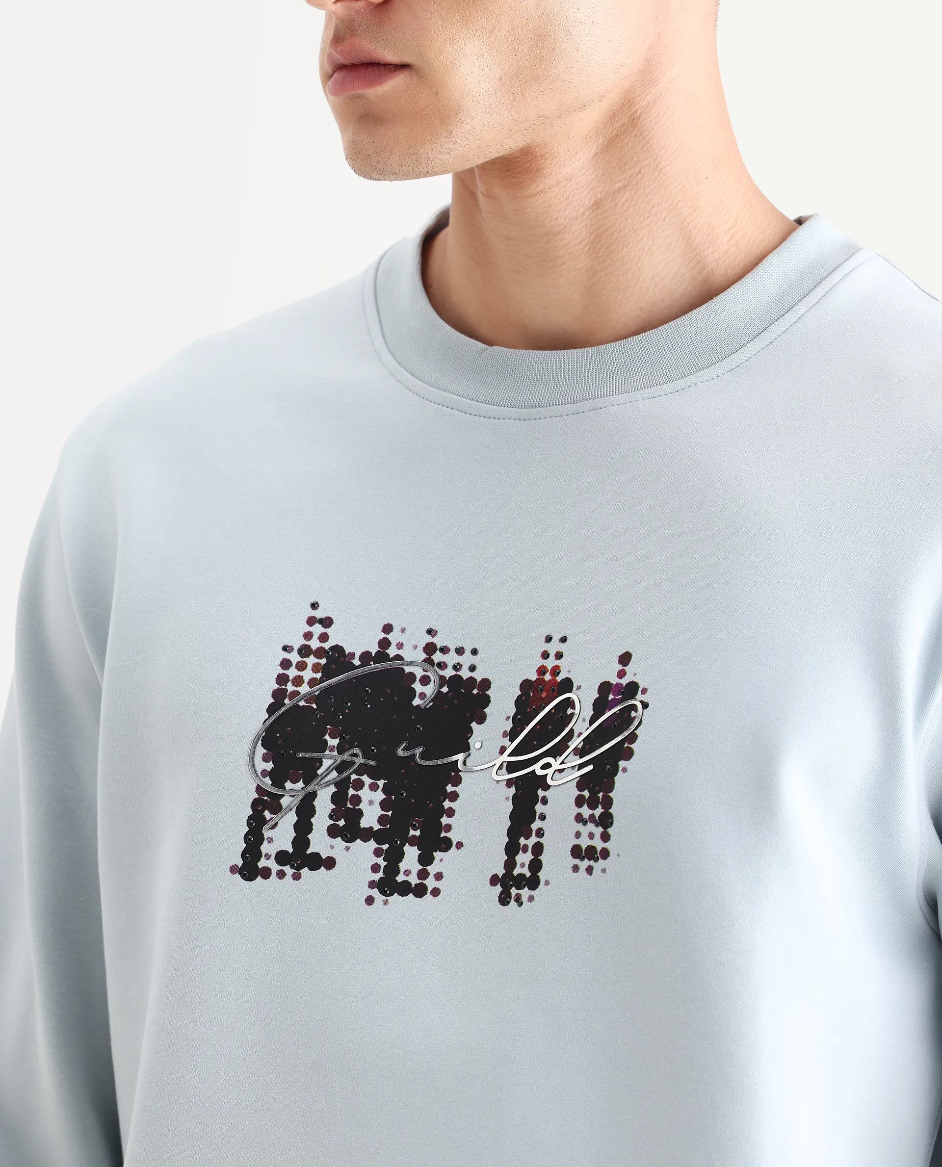 Rare Rabbit Men's Tive Dusky Blue Cotton Blend Graphic Print Regular Fit Full Sleeve Crew Neck Sweatshirt - Image 3