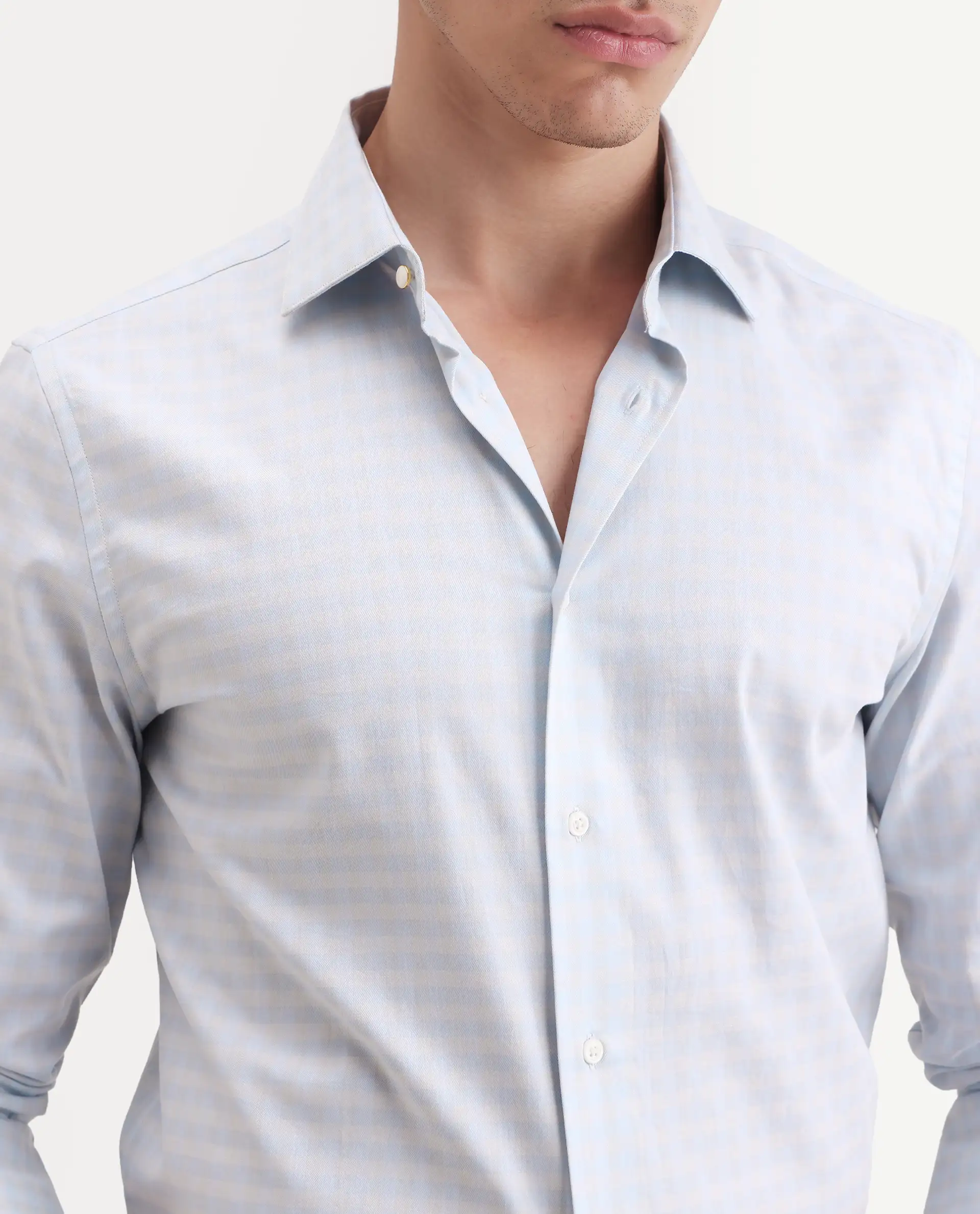 Rare Rabbit Men's Tixo Light Blue Cotton Fabric Full Sleeve Spread Collar Regular Fit Checked Shirt - Image 3
