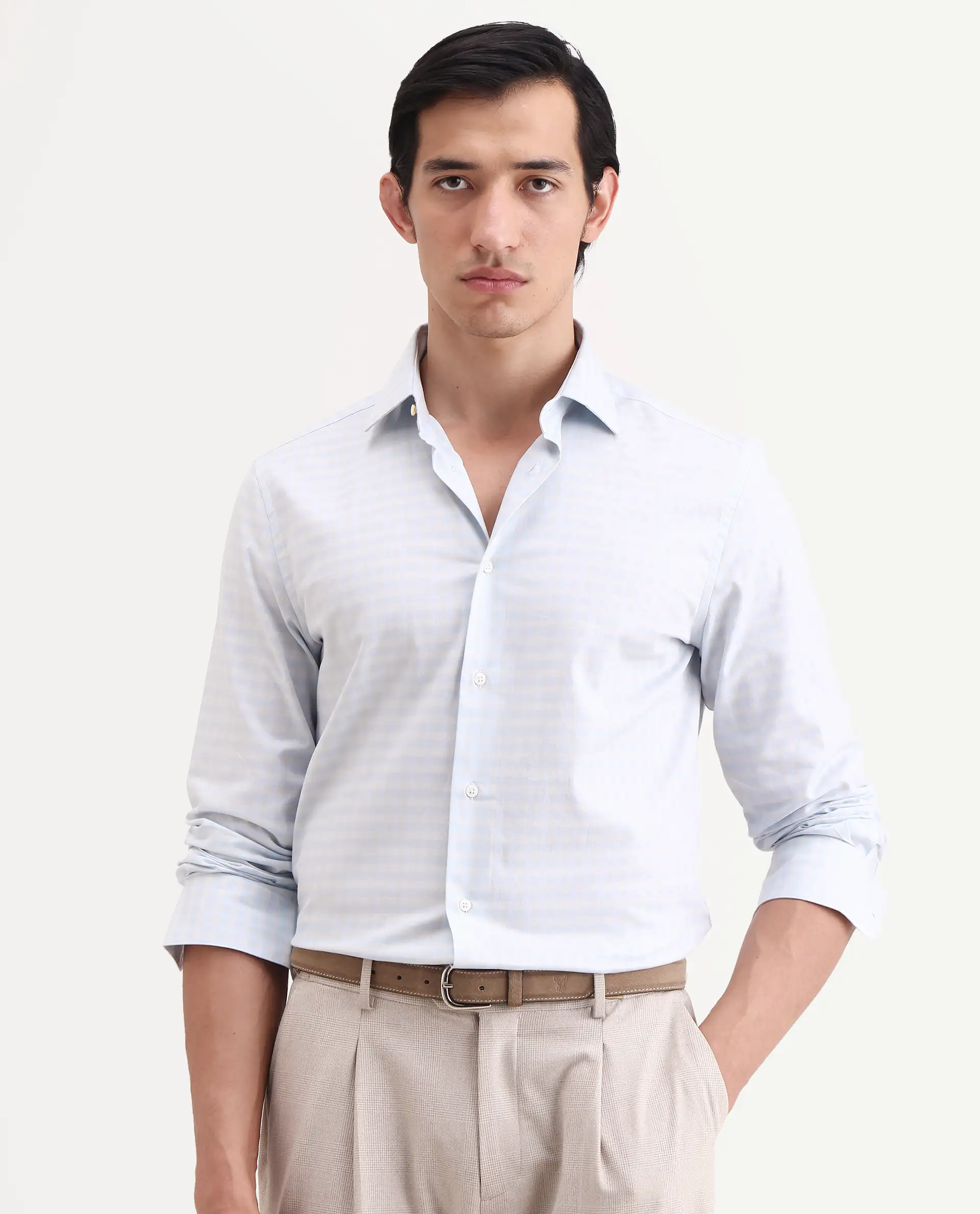 Rare Rabbit Men's Tixo Light Blue Cotton Fabric Full Sleeve Spread Collar Regular Fit Checked Shirt - Image 4
