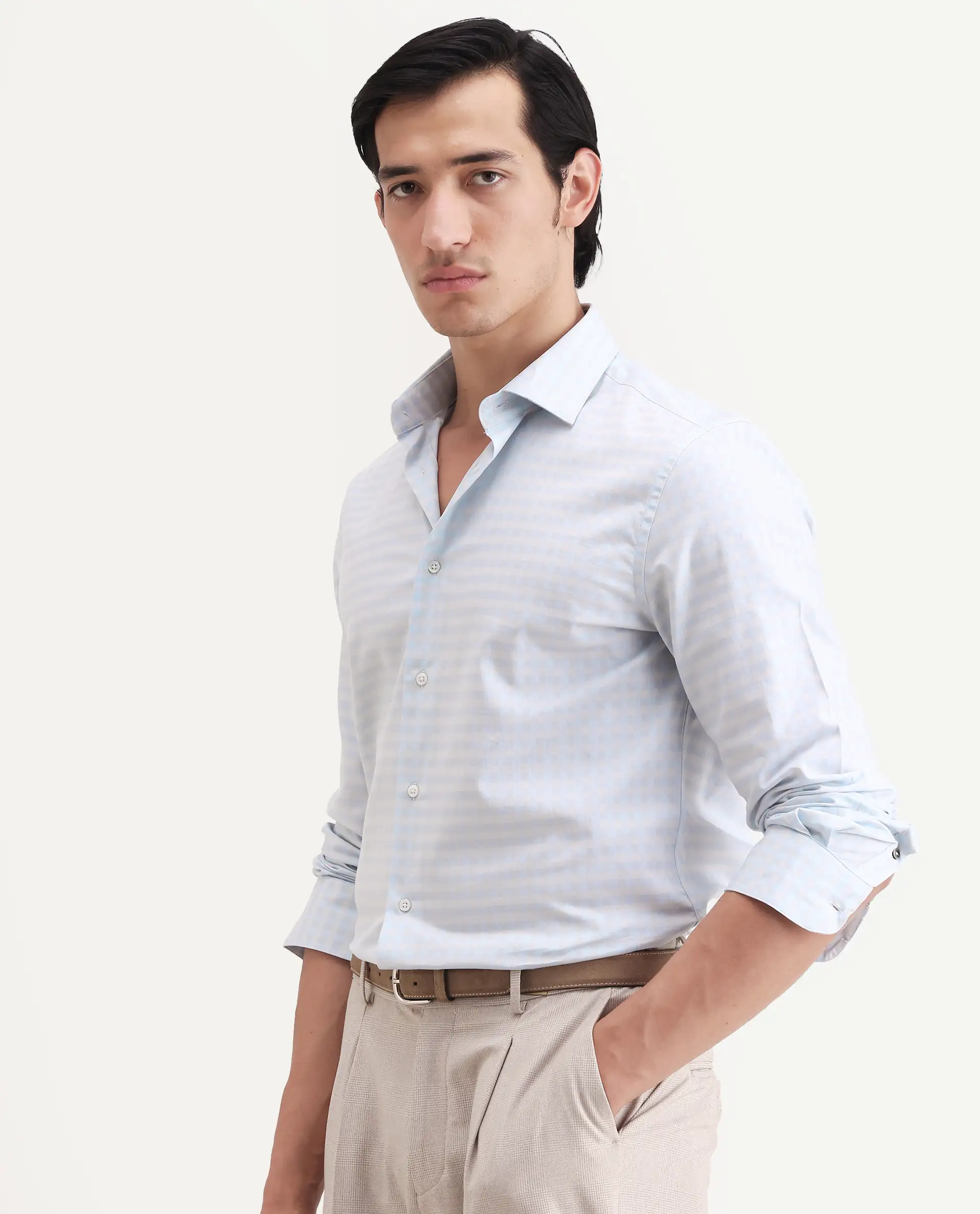 Rare Rabbit Men's Tixo Light Blue Cotton Fabric Full Sleeve Spread Collar Regular Fit Checked Shirt - Image 5