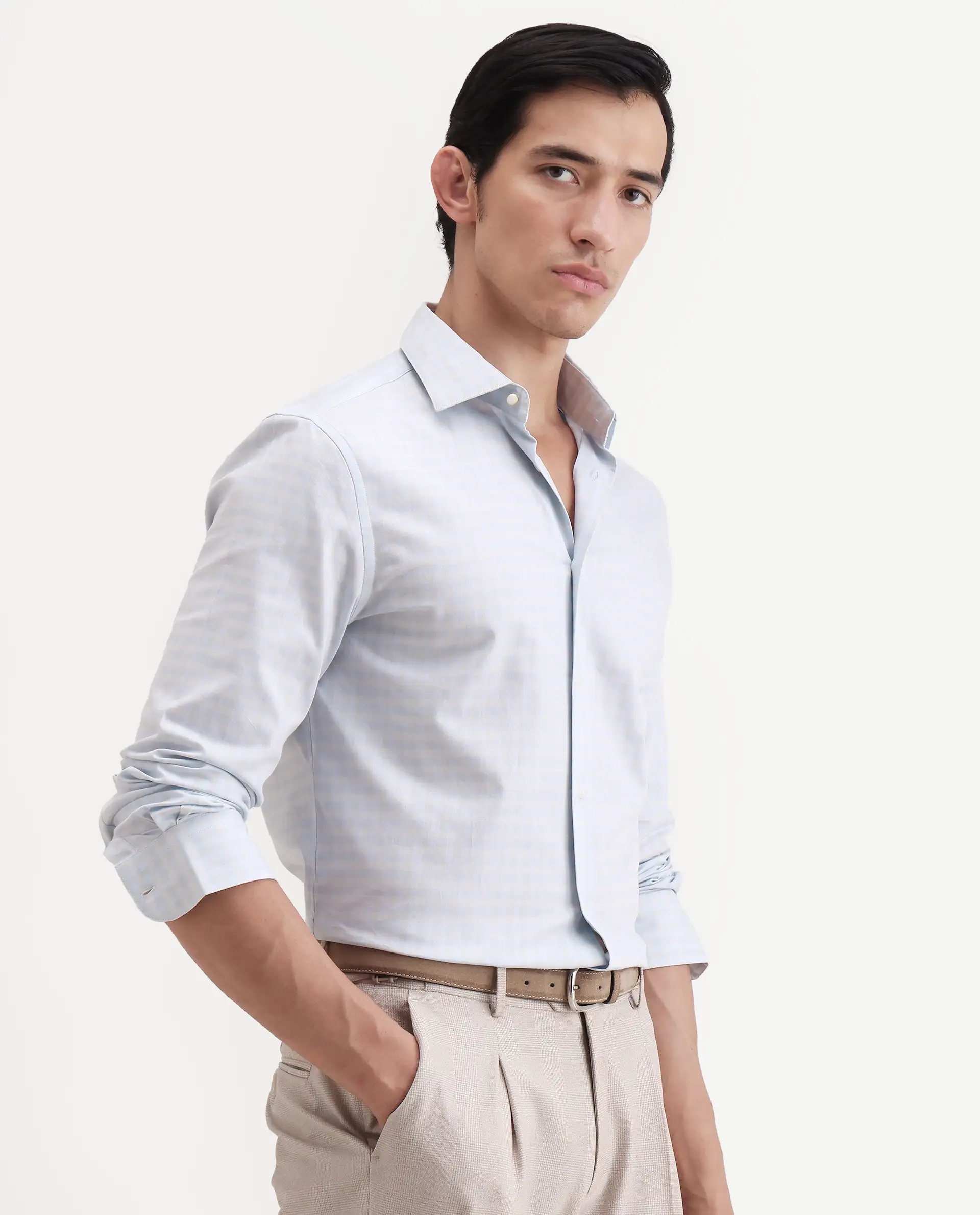 Rare Rabbit Men's Tixo Light Blue Cotton Fabric Full Sleeve Spread Collar Regular Fit Checked Shirt - Image 6