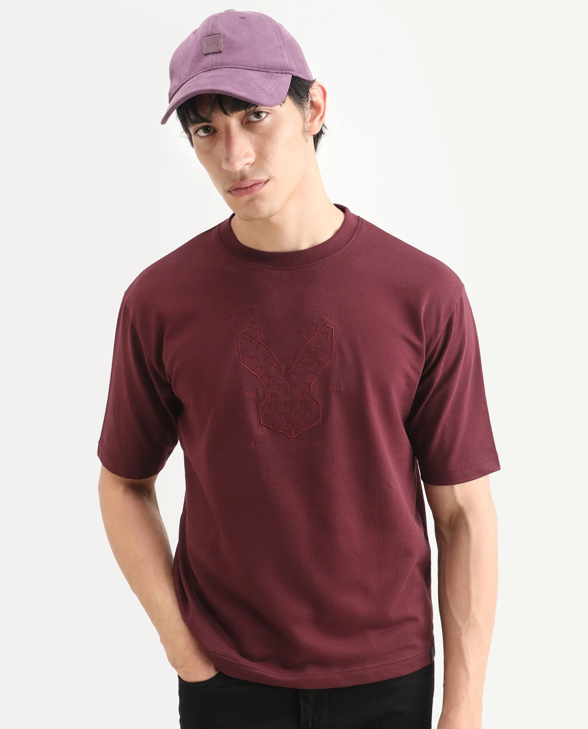 Rare Rabbit Men's Tiz Dark Red Cotton Fabric Half Sleeve Crew Neck Oversize Graphic Print T-Shirt