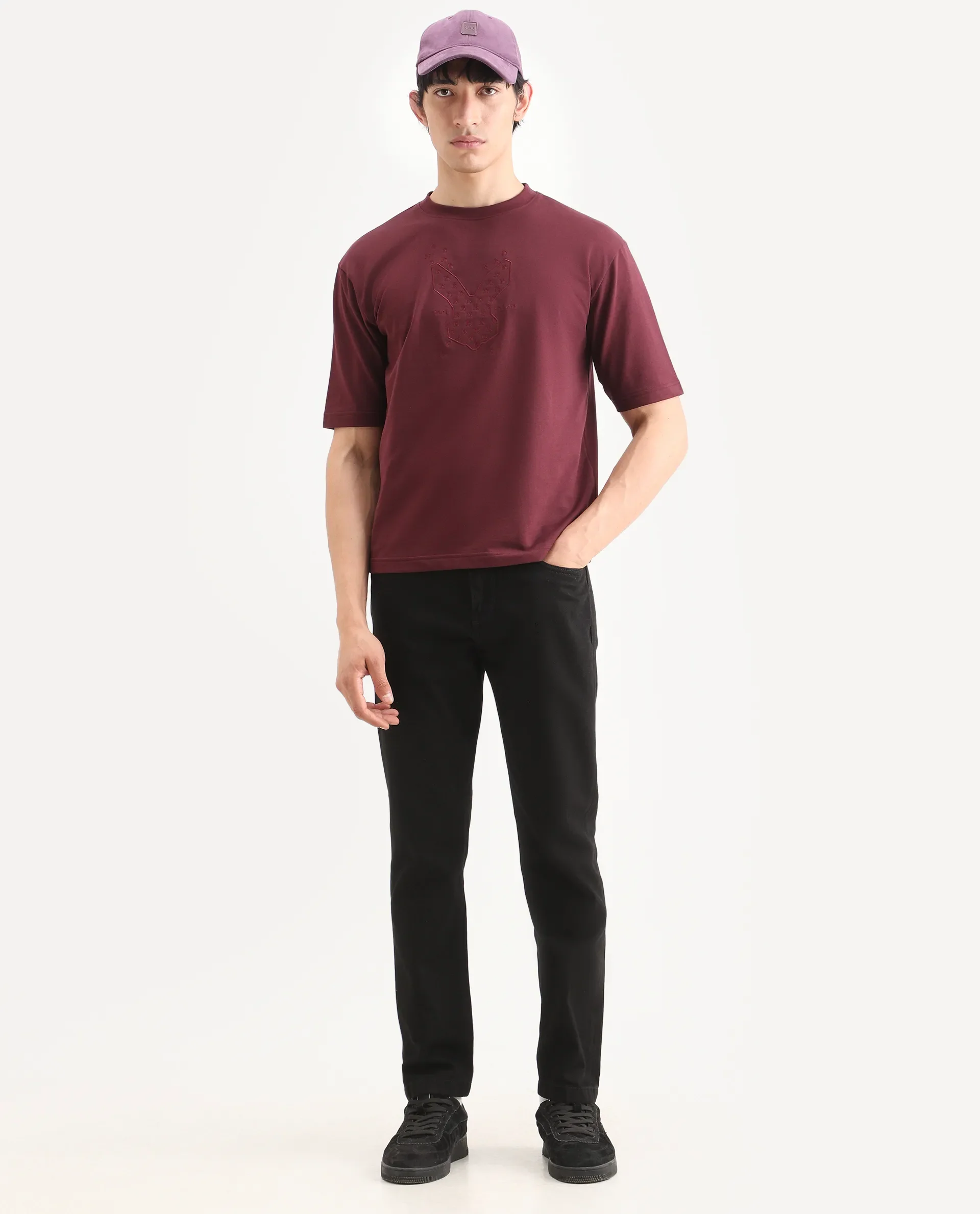 Rare Rabbit Men's Tiz Dark Red Cotton Fabric Half Sleeve Crew Neck Oversize Graphic Print T-Shirt - Image 2