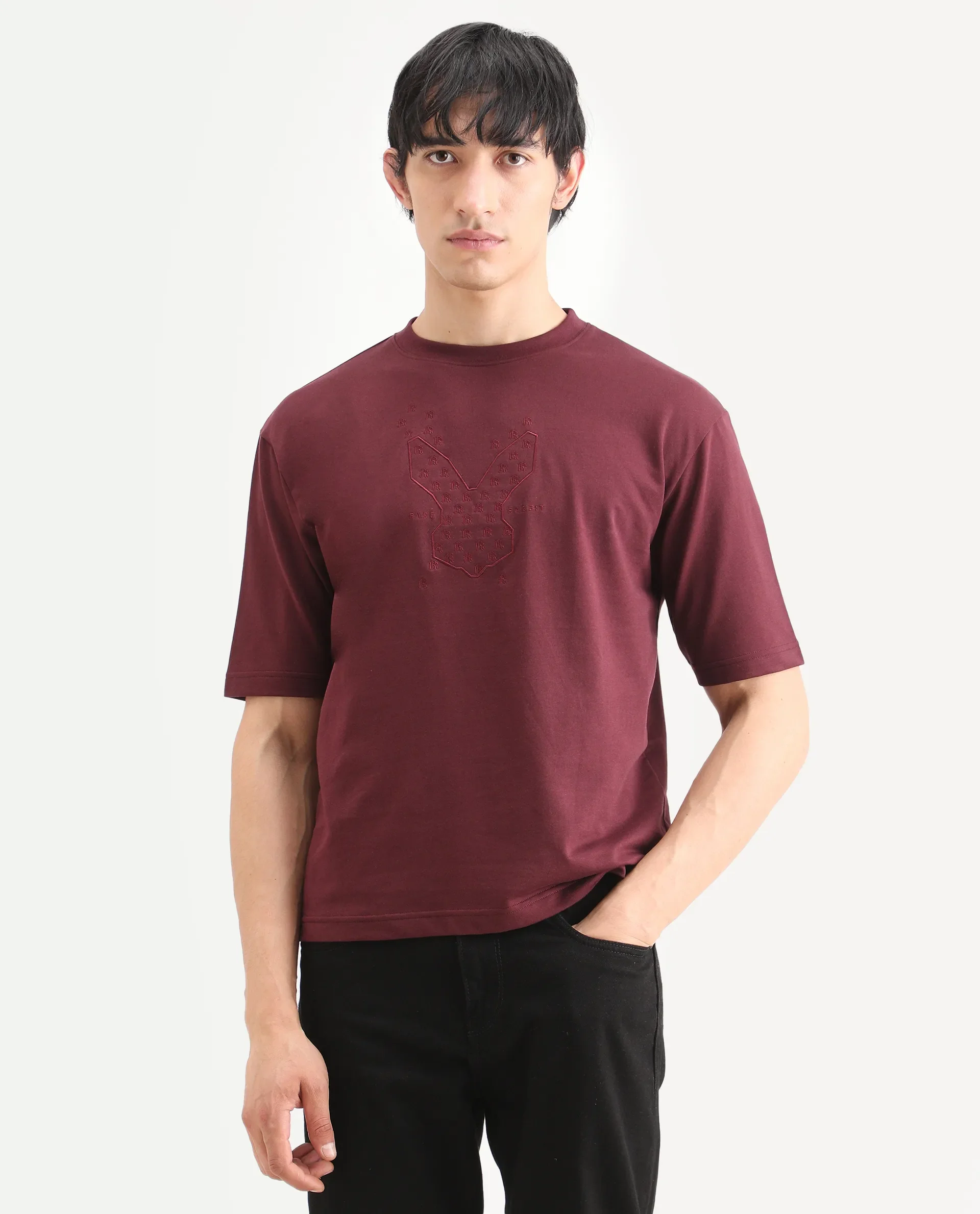 Rare Rabbit Men's Tiz Dark Red Cotton Fabric Half Sleeve Crew Neck Oversize Graphic Print T-Shirt - Image 4