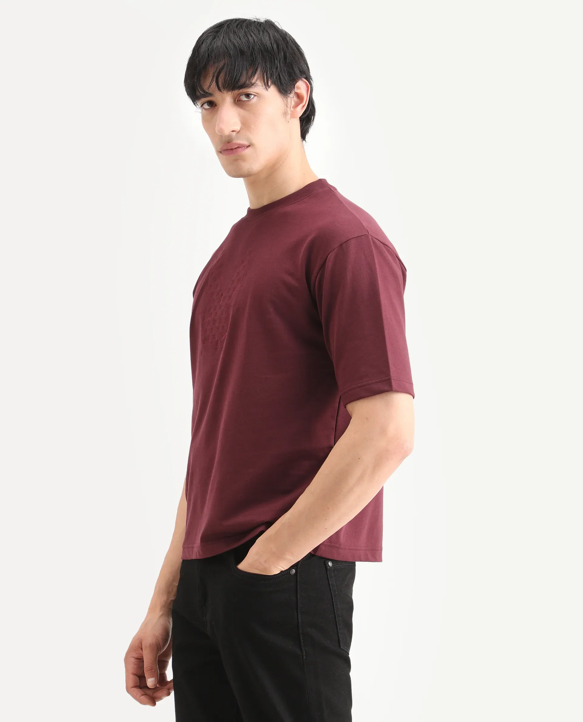 Rare Rabbit Men's Tiz Dark Red Cotton Fabric Half Sleeve Crew Neck Oversize Graphic Print T-Shirt - Image 5