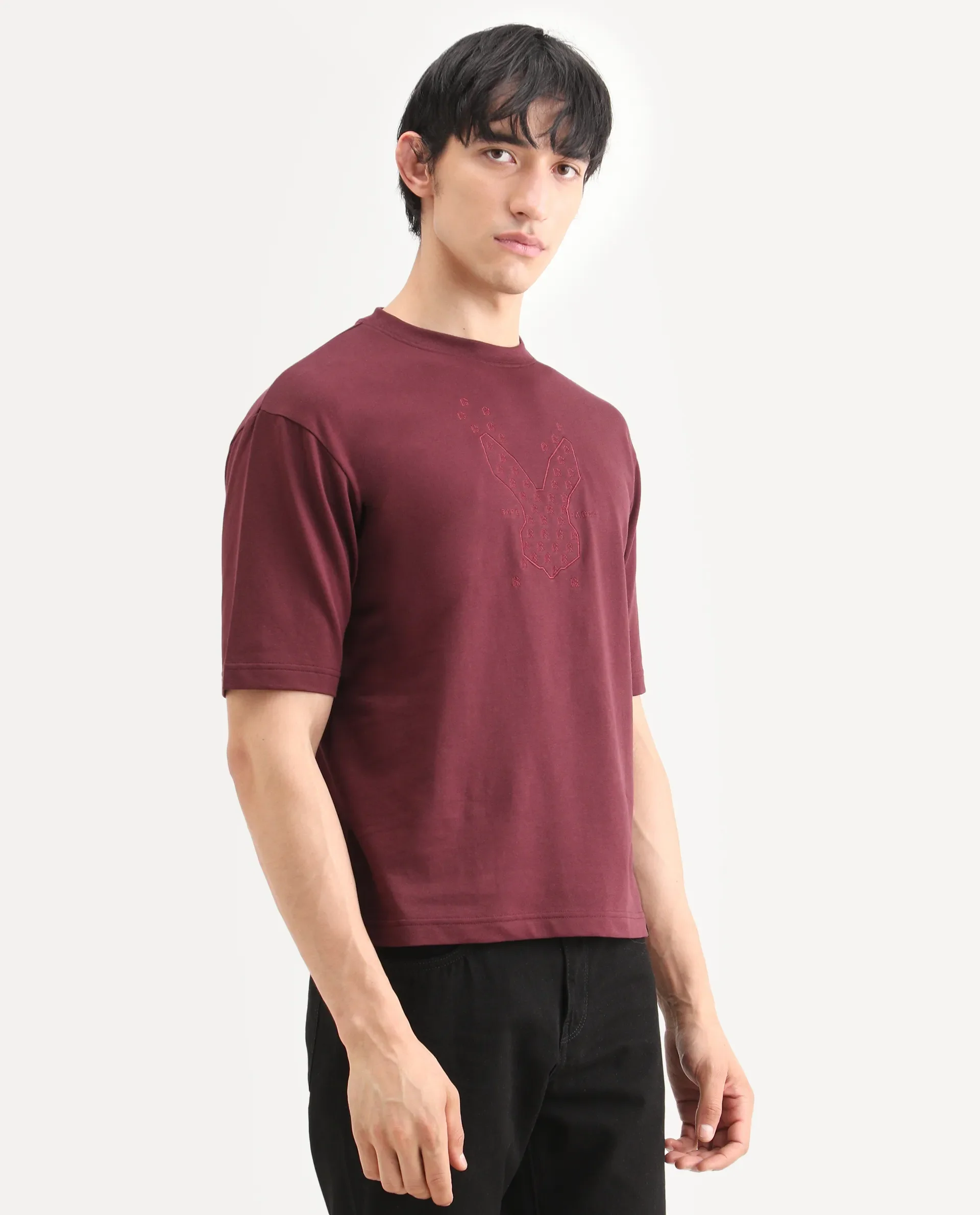 Rare Rabbit Men's Tiz Dark Red Cotton Fabric Half Sleeve Crew Neck Oversize Graphic Print T-Shirt - Image 6