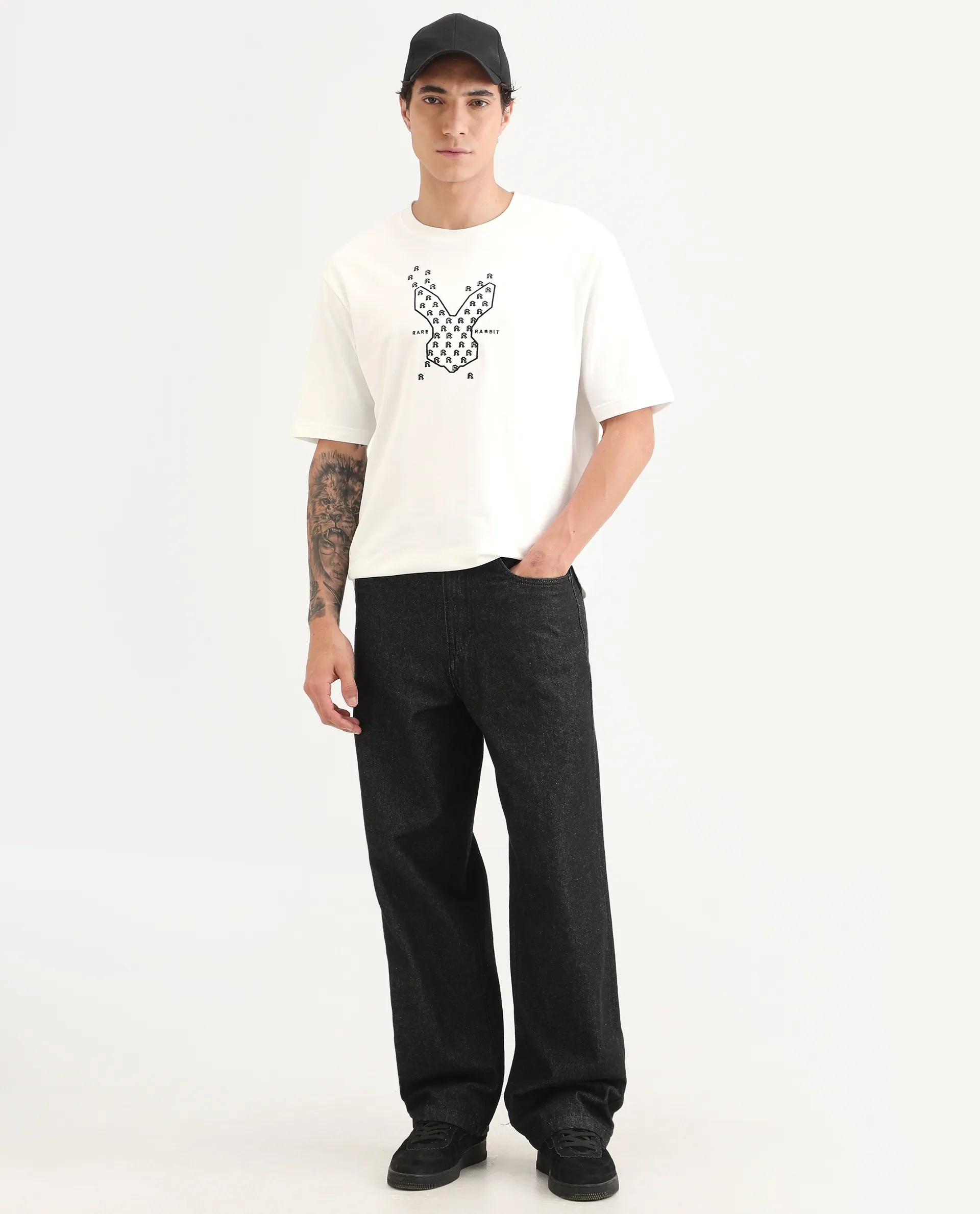 Rare Rabbit Men's Tiz White Cotton Fabric Half Sleeve Crew Neck Oversize Graphic Print T-Shirt - Image 2