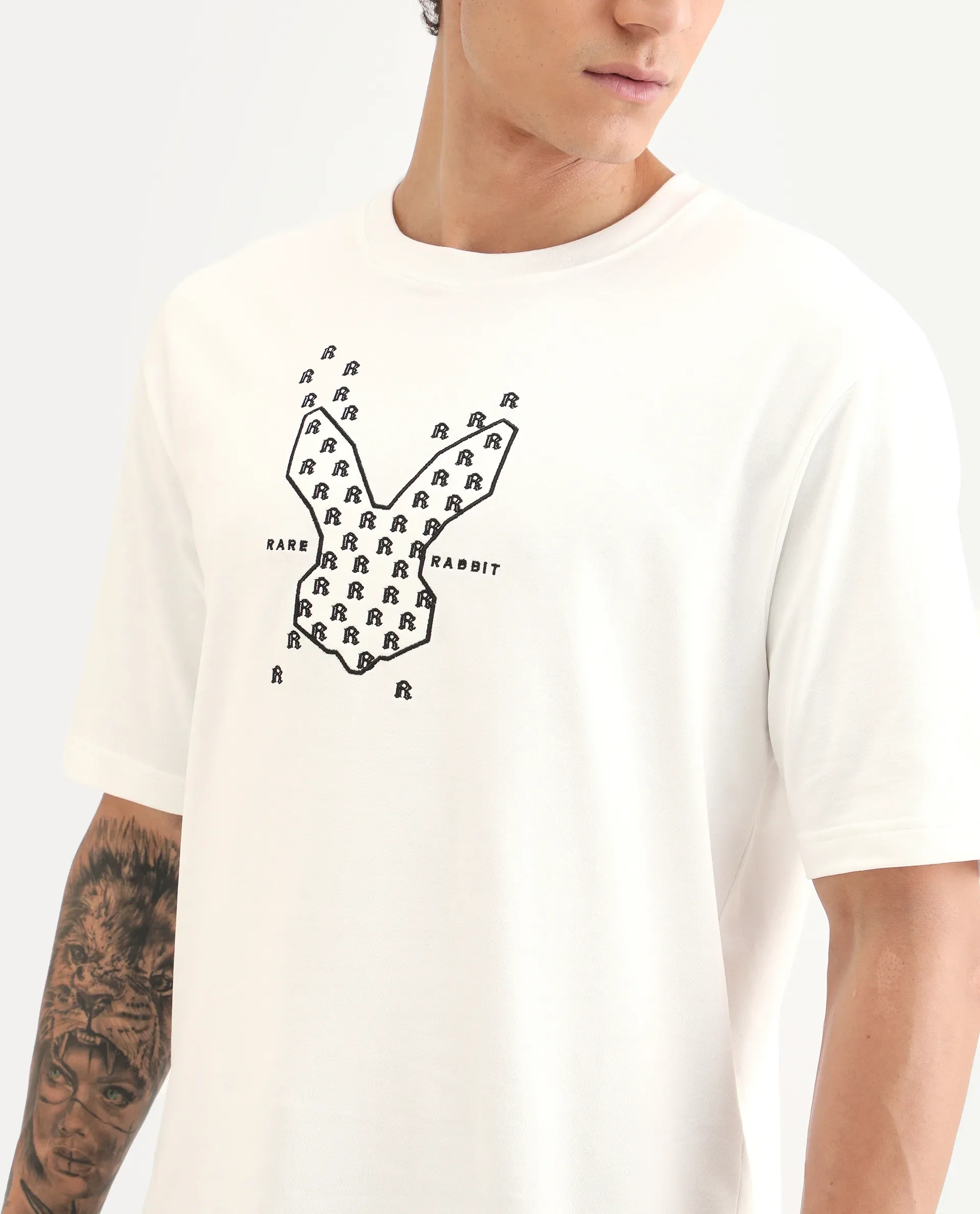 Rare Rabbit Men's Tiz White Cotton Fabric Half Sleeve Crew Neck Oversize Graphic Print T-Shirt - Image 3